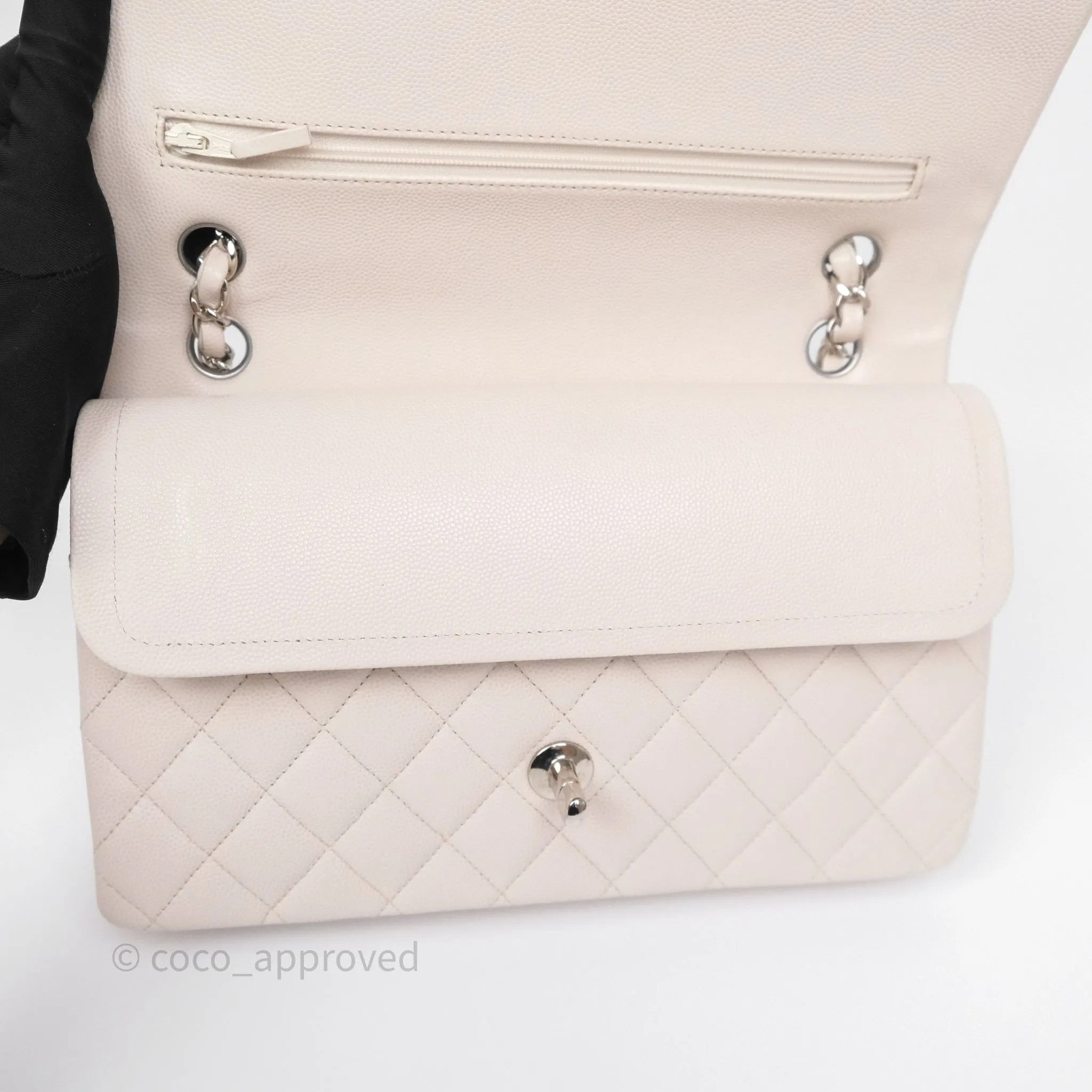 Chanel Classic M/L Medium Flap Quilted Stone Ivory Caviar Silver Hardware