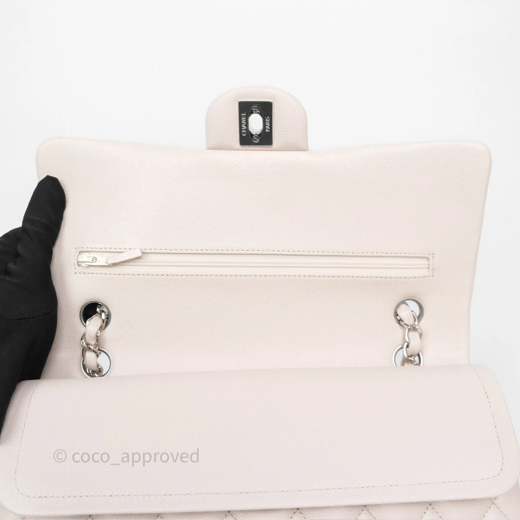 Chanel Classic M/L Medium Flap Quilted Stone Ivory Caviar Silver Hardware