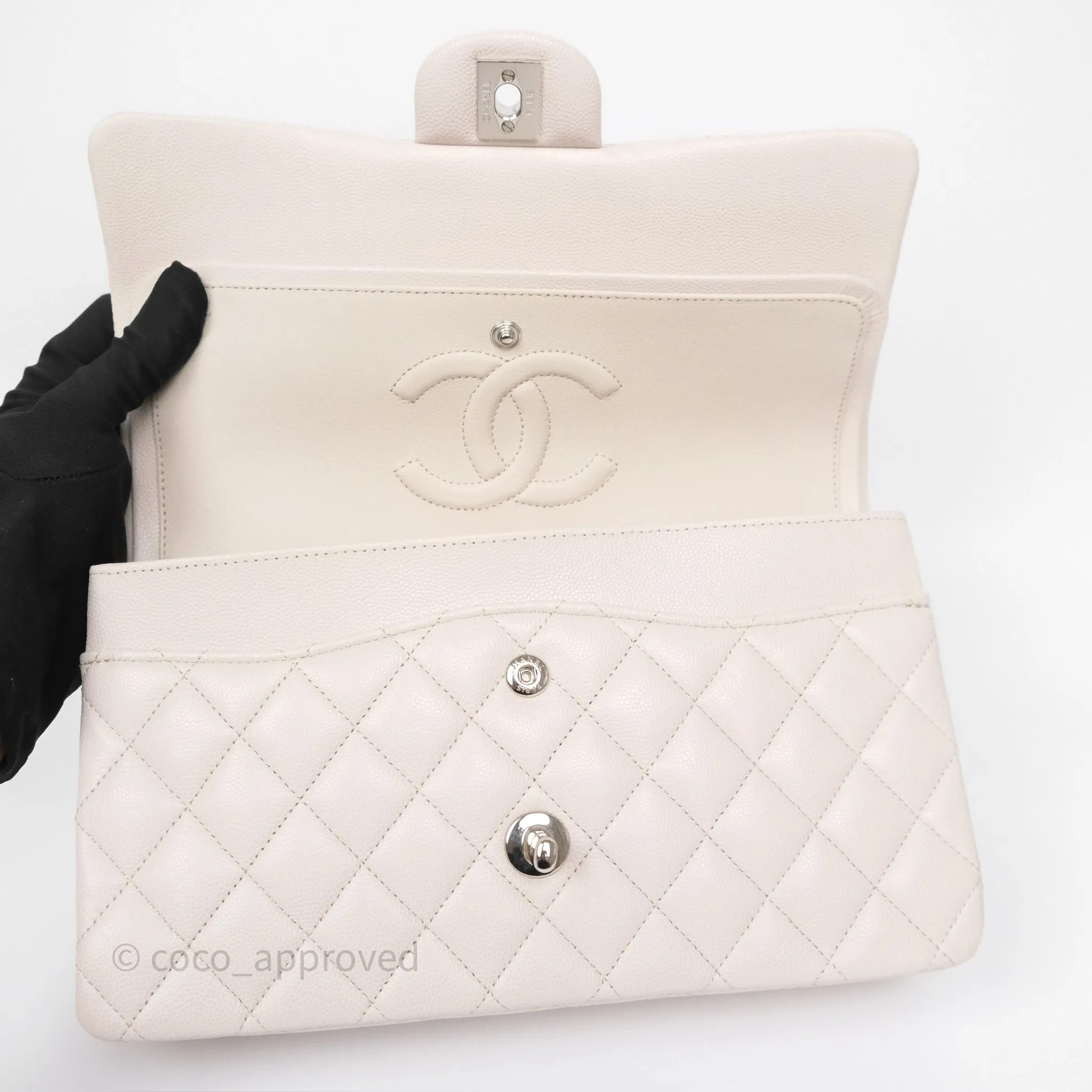 Chanel Classic M/L Medium Flap Quilted Stone Ivory Caviar Silver Hardware