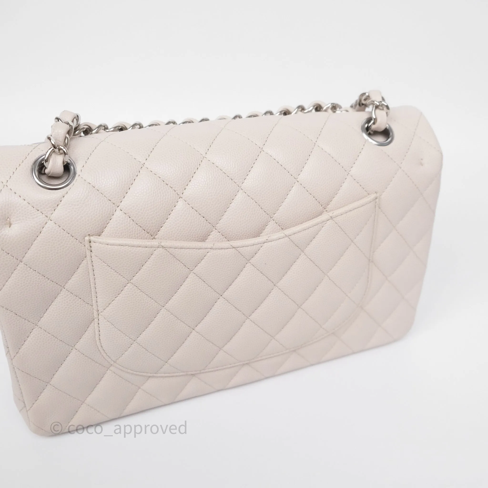 Chanel Classic M/L Medium Flap Quilted Stone Ivory Caviar Silver Hardware