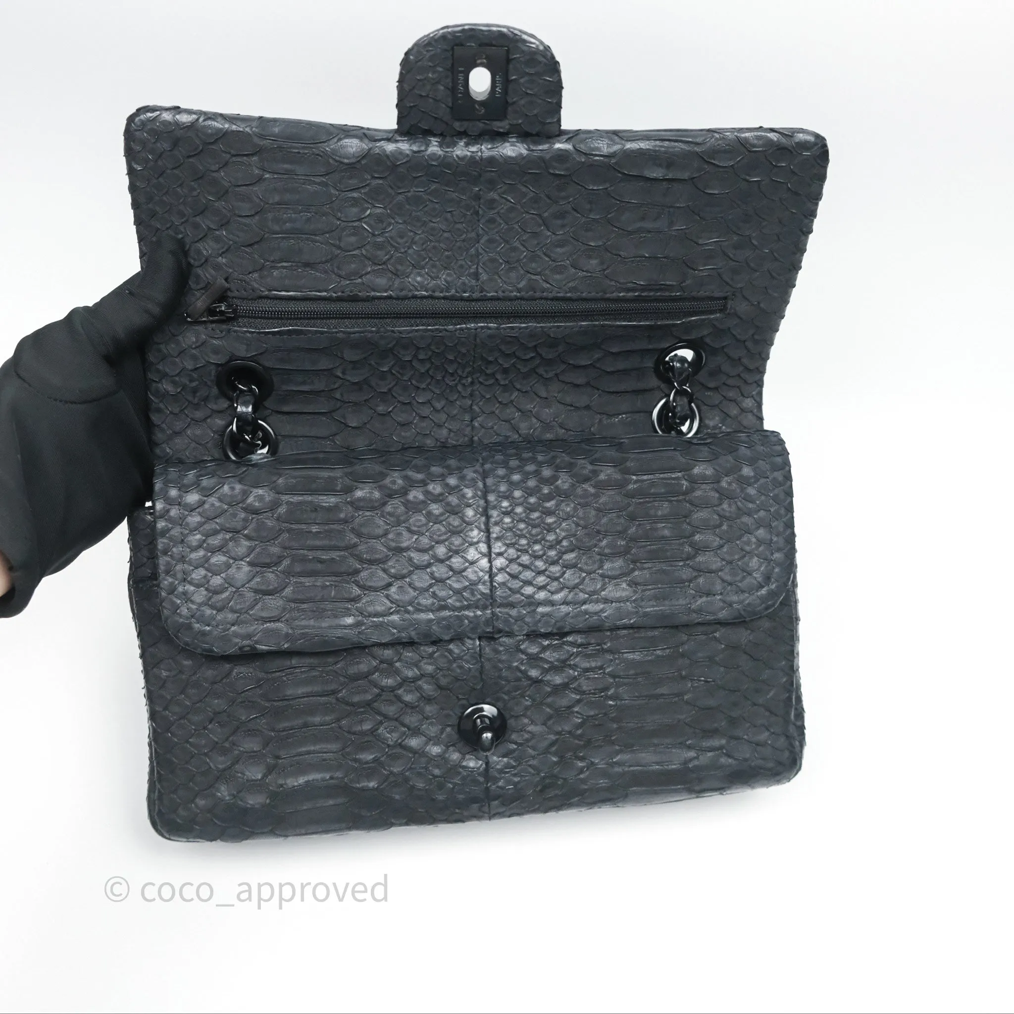 Chanel Classic M/L Medium Flap So Black Python Black Hardware