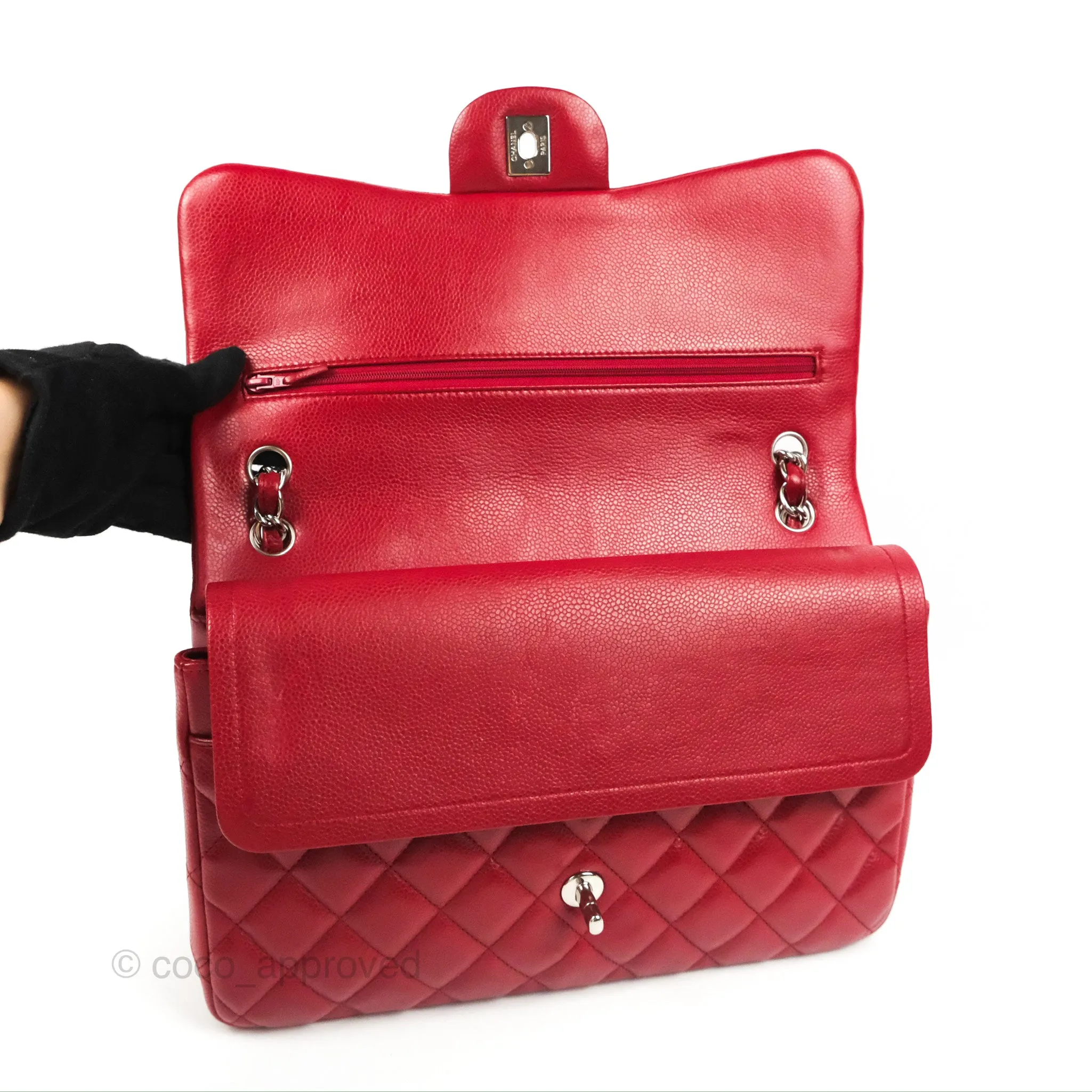 Chanel Jumbo Double Flap Red Caviar Silver Hardware⁣⁣