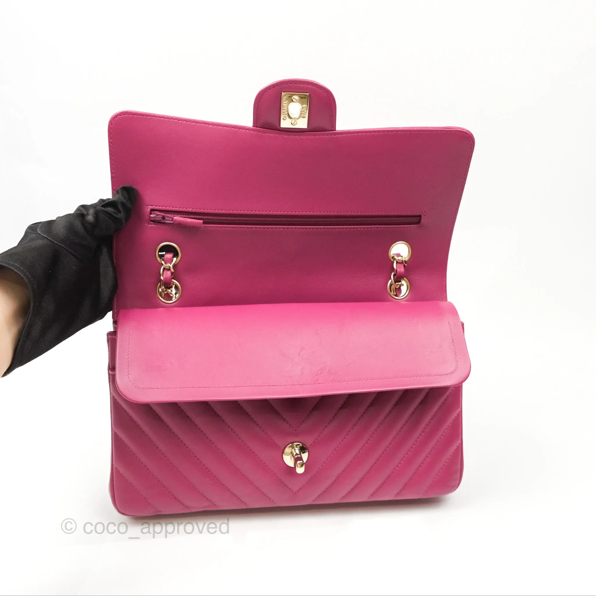 Chanel Medium Classic Flap Chevron Dark Plum Pink Lambskin Gold Hardware