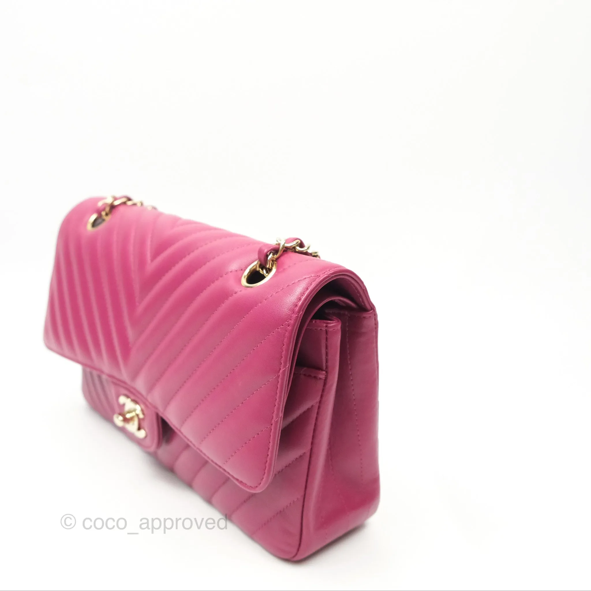 Chanel Medium Classic Flap Chevron Dark Plum Pink Lambskin Gold Hardware