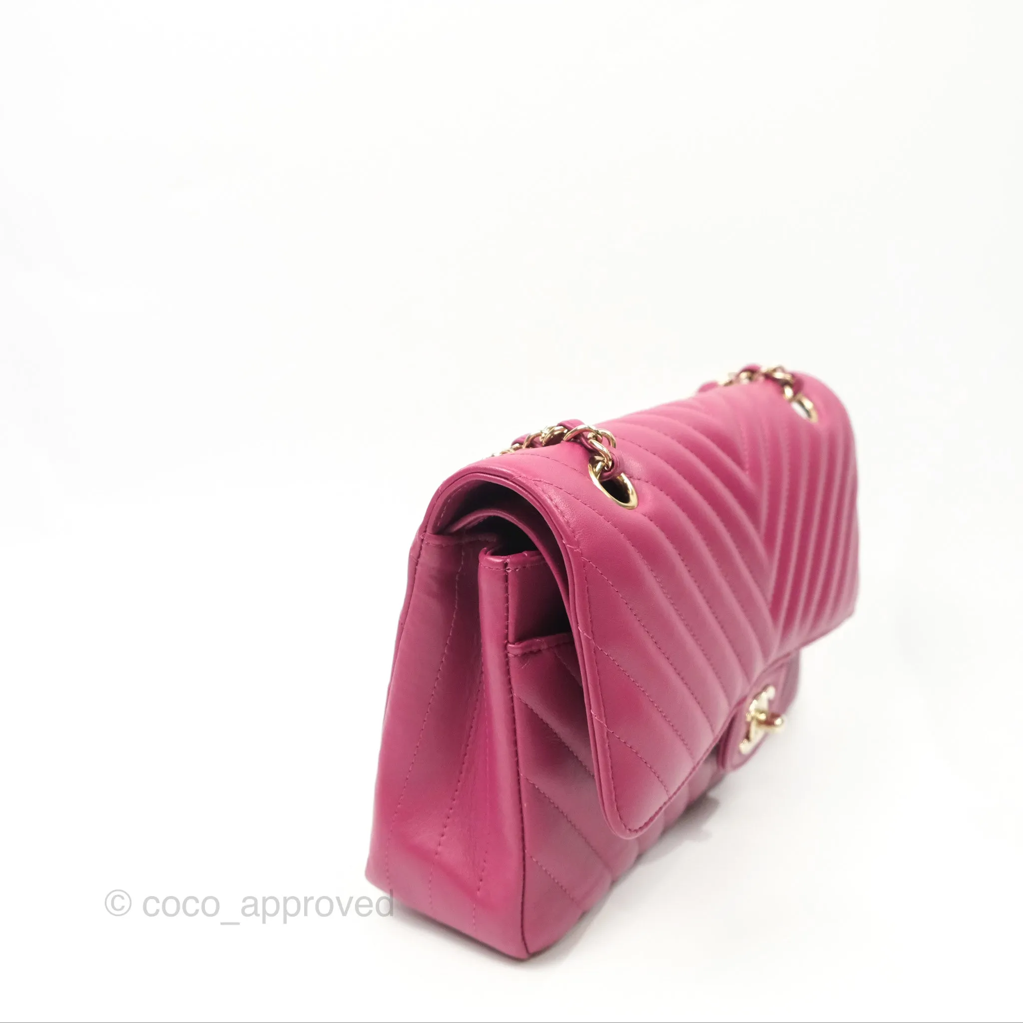 Chanel Medium Classic Flap Chevron Dark Plum Pink Lambskin Gold Hardware