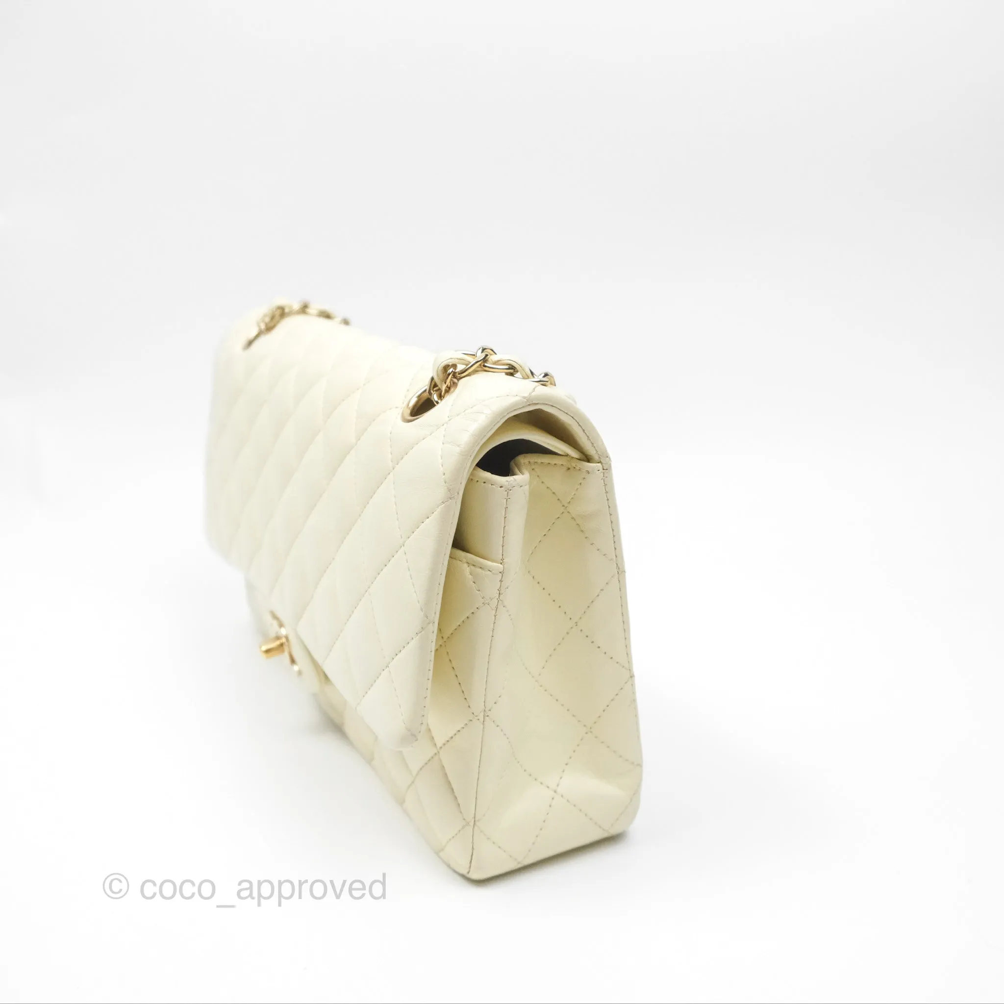 Chanel Medium Classic Flap Quilted Pale Yellow Lambskin Gold Hardware