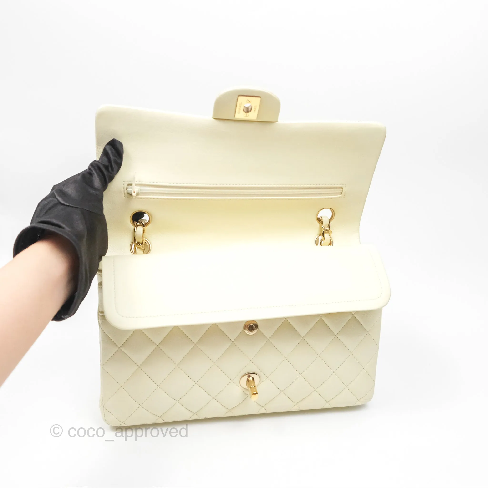Chanel Medium Classic Flap Quilted Pale Yellow Lambskin Gold Hardware