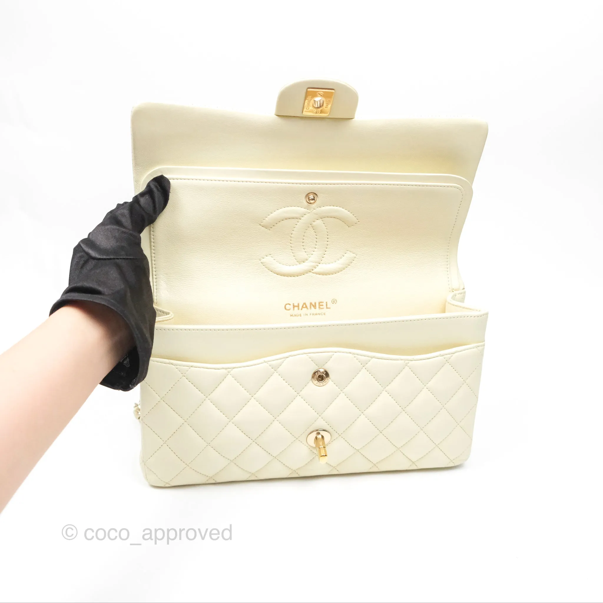 Chanel Medium Classic Flap Quilted Pale Yellow Lambskin Gold Hardware