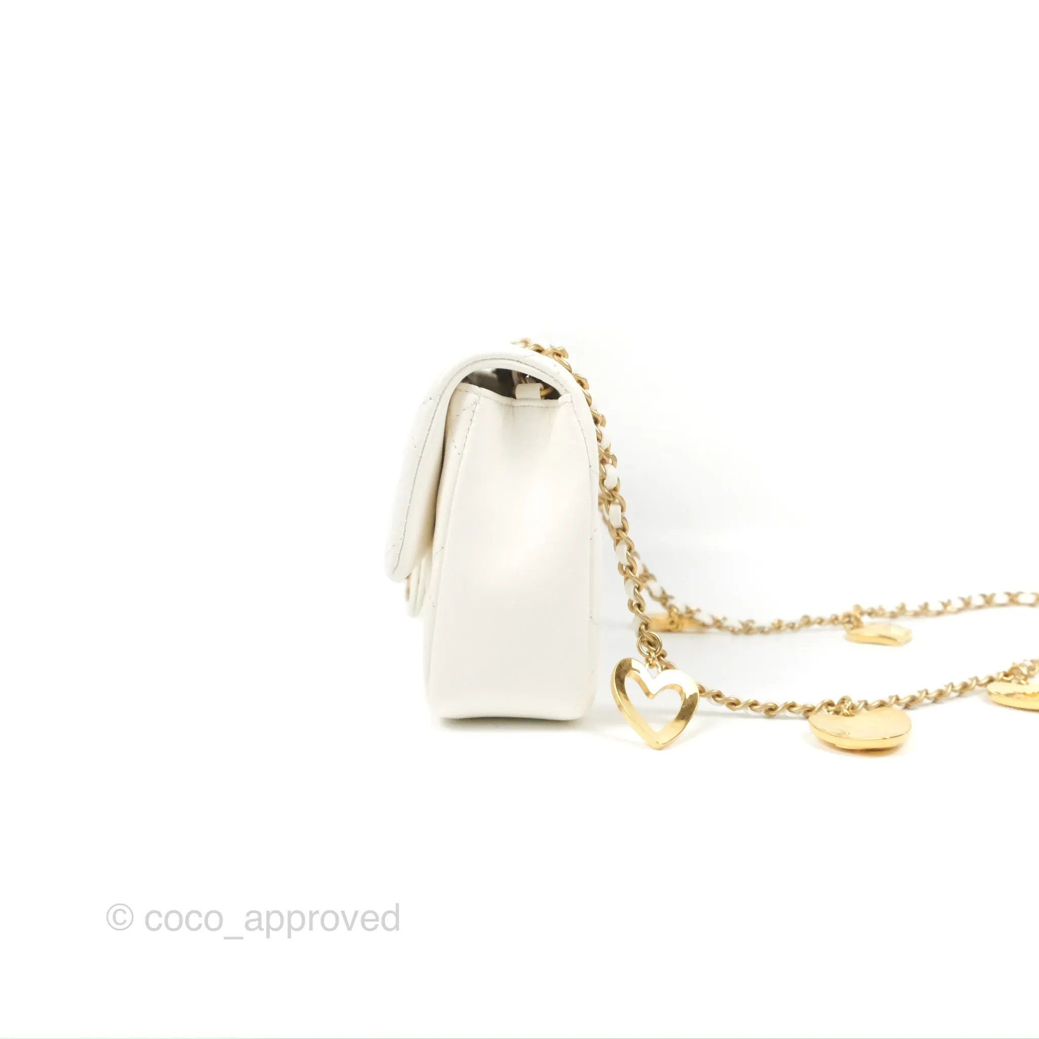 Chanel Mini Flap Bag With Heart CC Charm White Lambskin Aged Gold Hardware