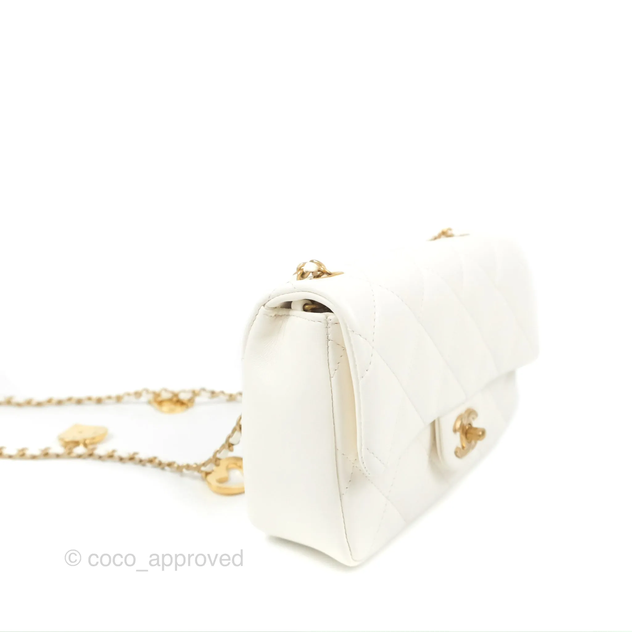 Chanel Mini Flap Bag With Heart CC Charm White Lambskin Aged Gold Hardware