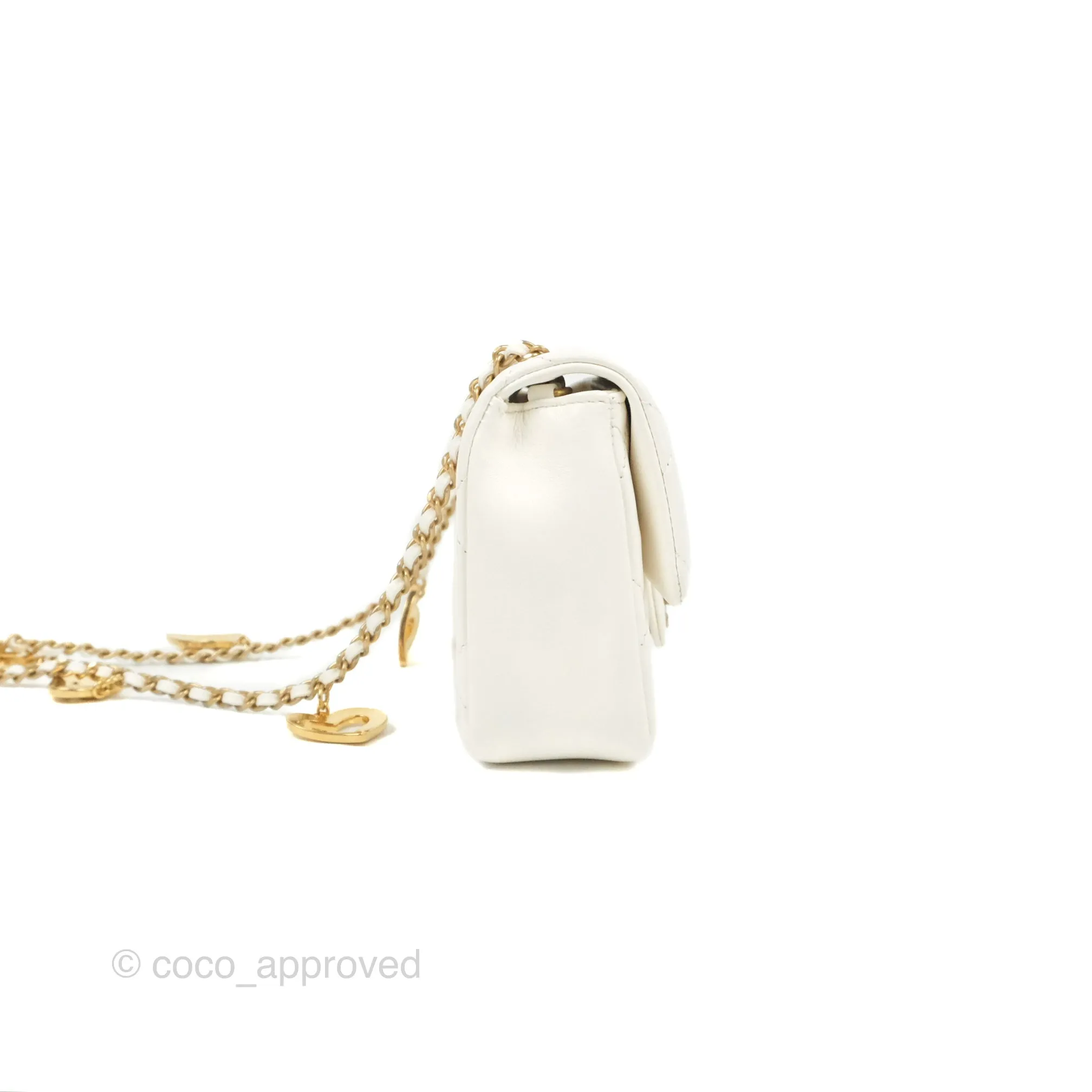 Chanel Mini Flap Bag With Heart CC Charm White Lambskin Aged Gold Hardware