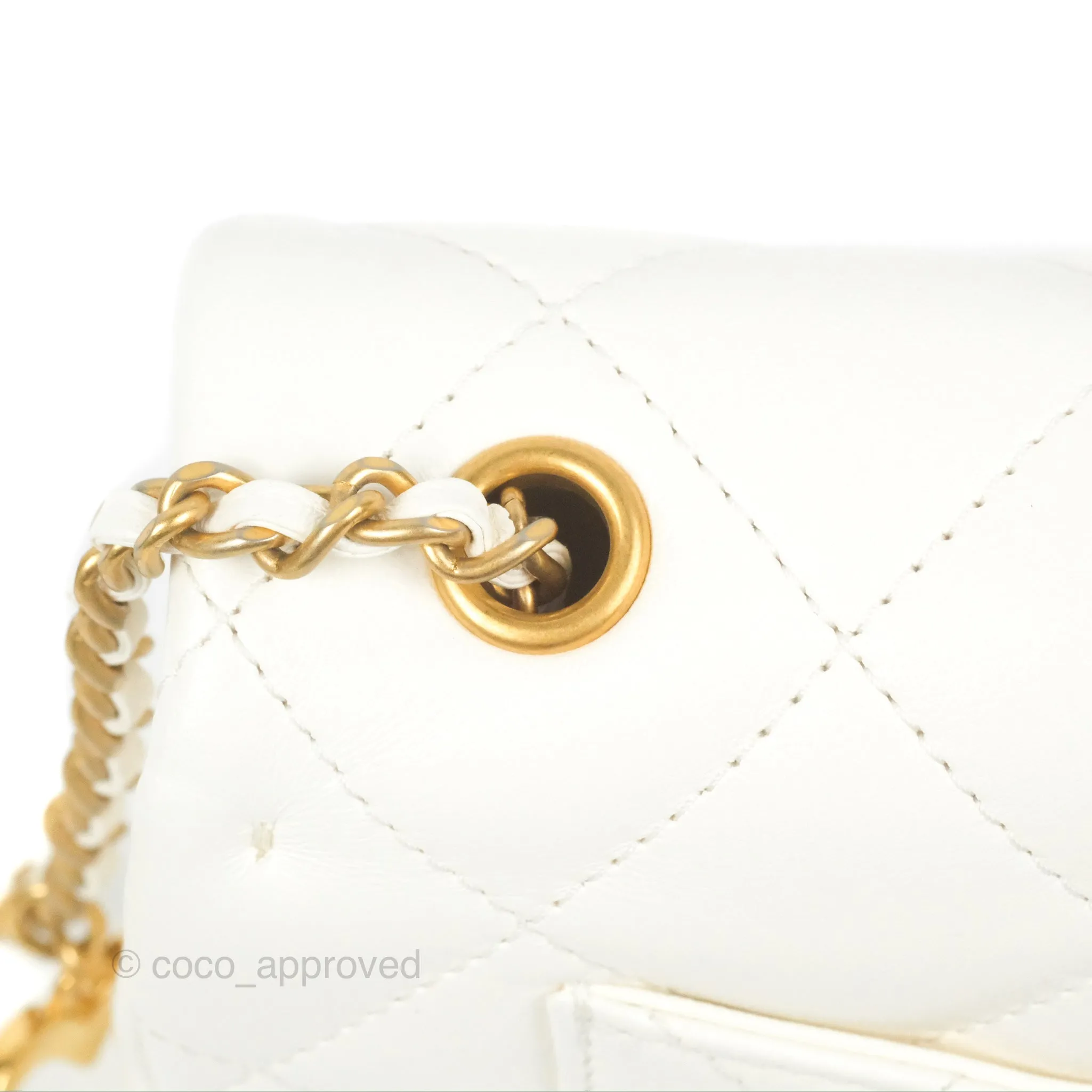 Chanel Mini Flap Bag With Heart CC Charm White Lambskin Aged Gold Hardware