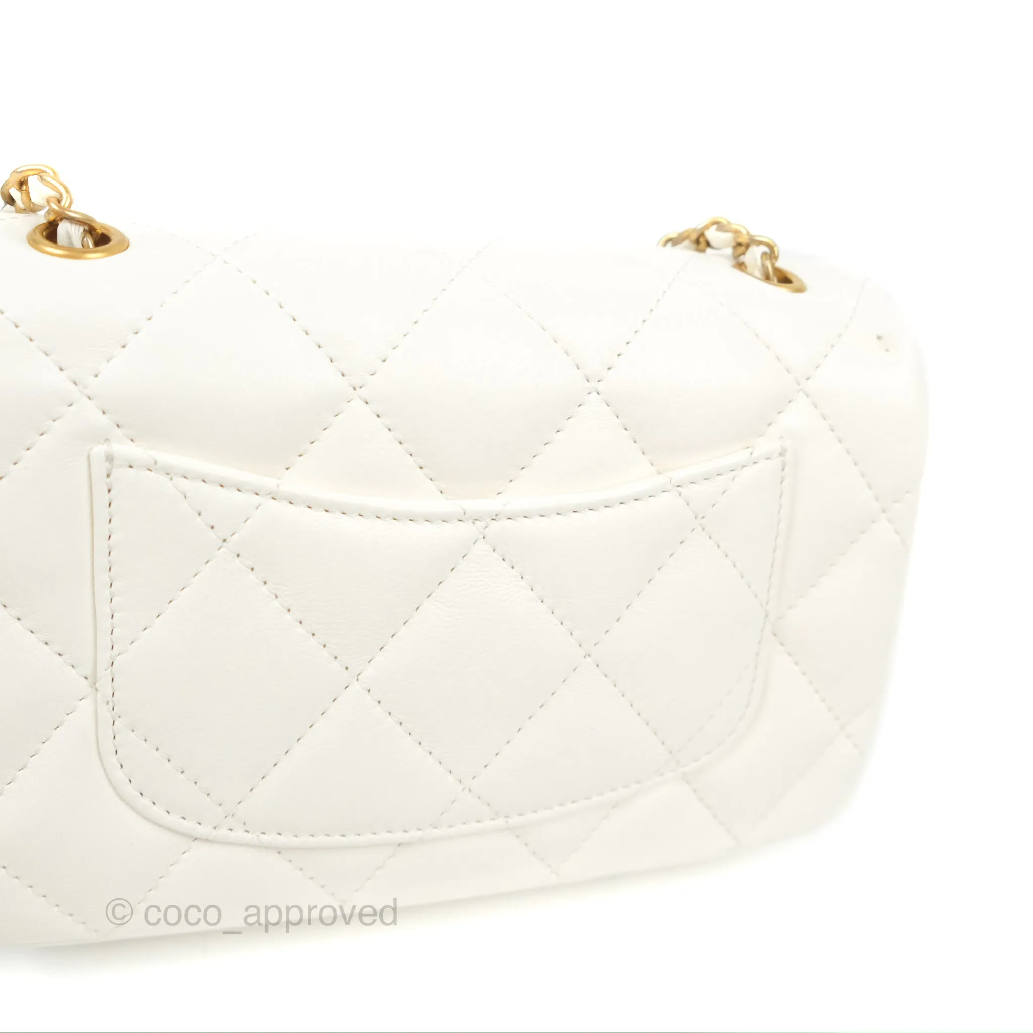 Chanel Mini Flap Bag With Heart CC Charm White Lambskin Aged Gold Hardware
