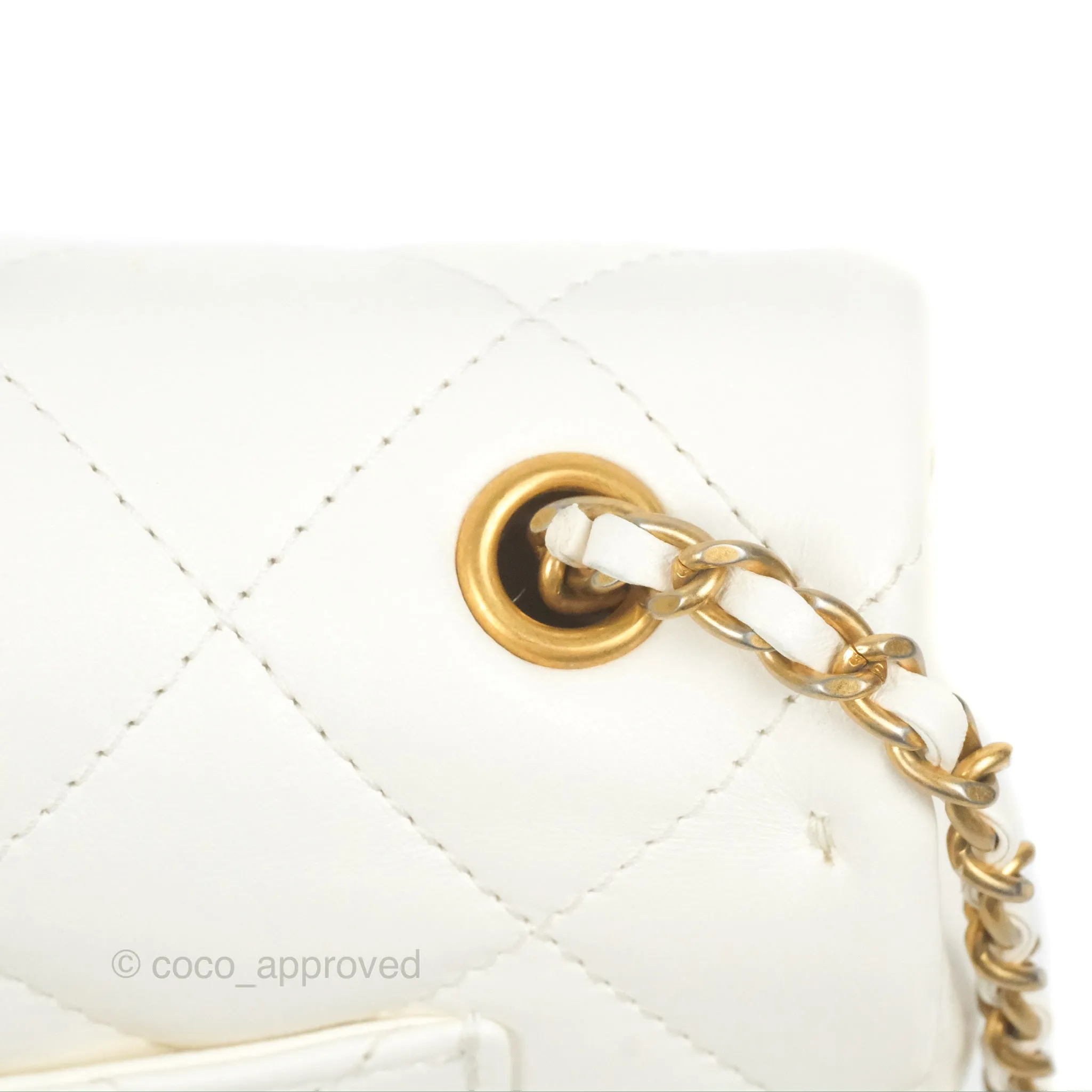 Chanel Mini Flap Bag With Heart CC Charm White Lambskin Aged Gold Hardware