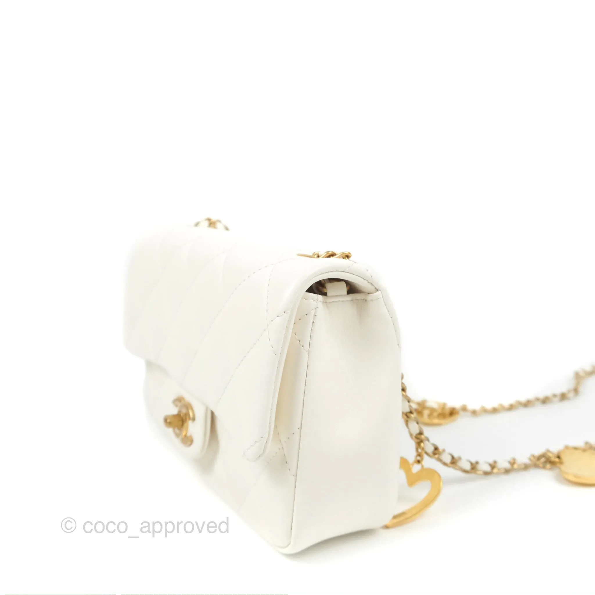 Chanel Mini Flap Bag With Heart CC Charm White Lambskin Aged Gold Hardware