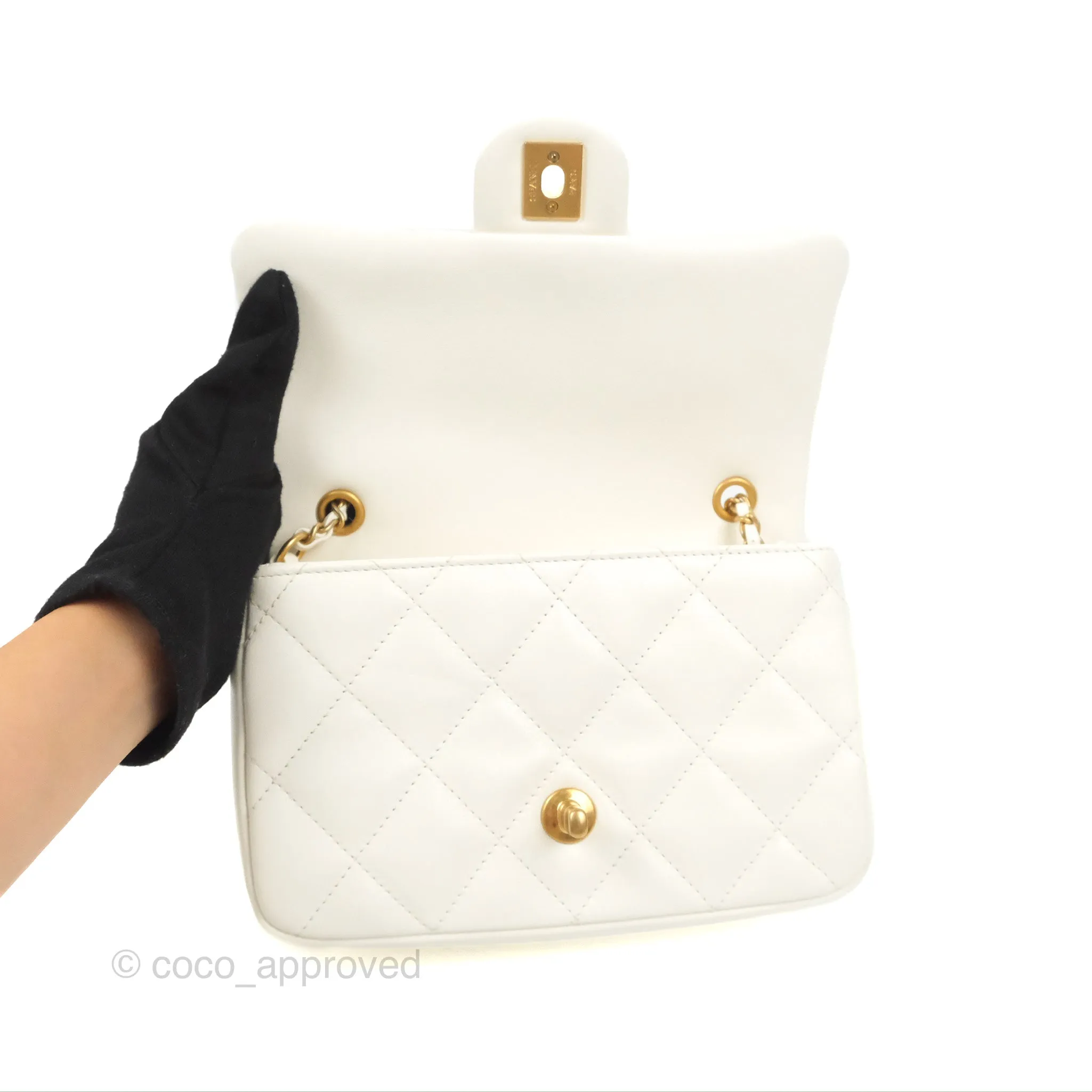 Chanel Mini Flap Bag With Heart CC Charm White Lambskin Aged Gold Hardware