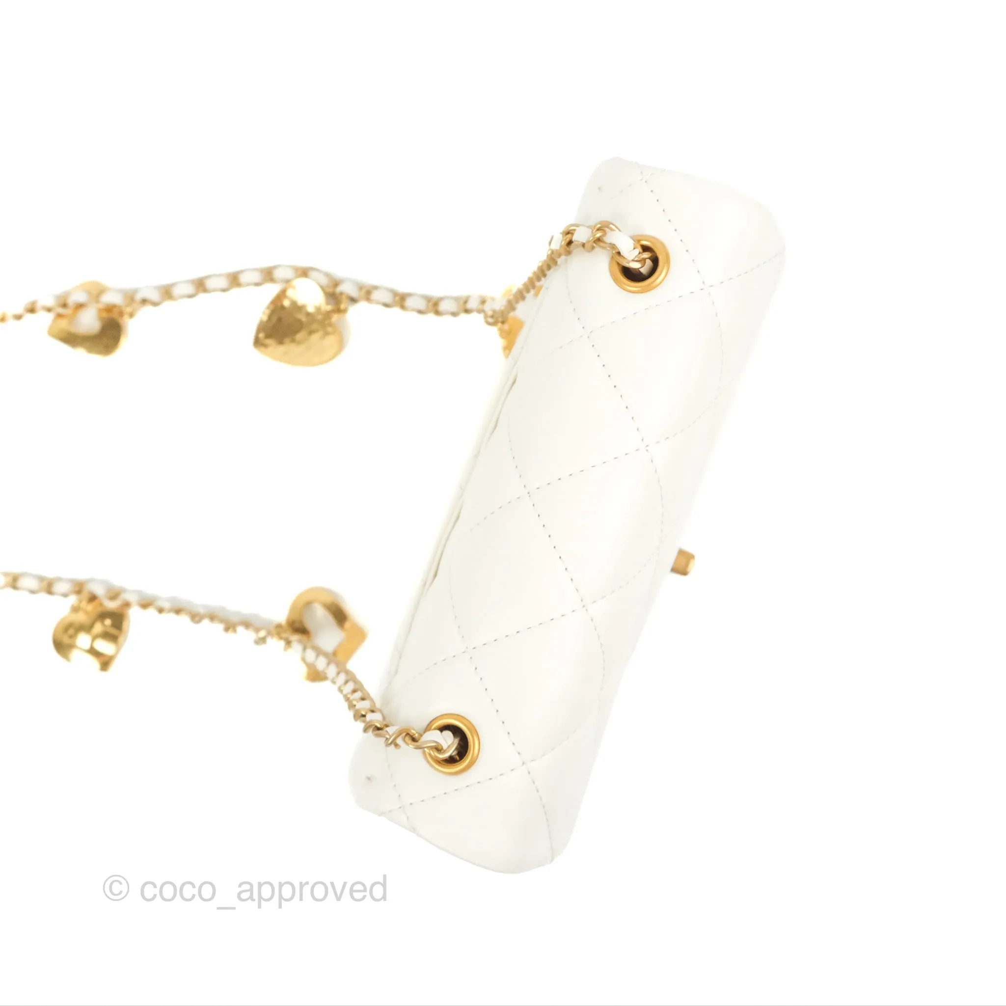 Chanel Mini Flap Bag With Heart CC Charm White Lambskin Aged Gold Hardware