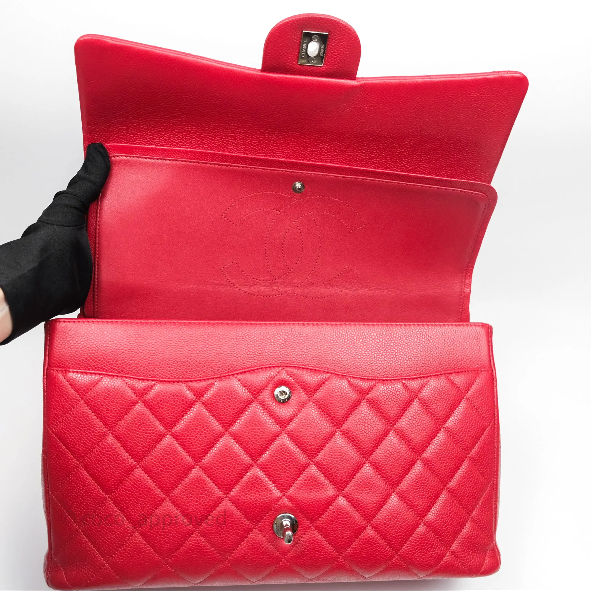Chanel Quilted Maxi Double Flap Red Caviar Silver Hardware⁣⁣
