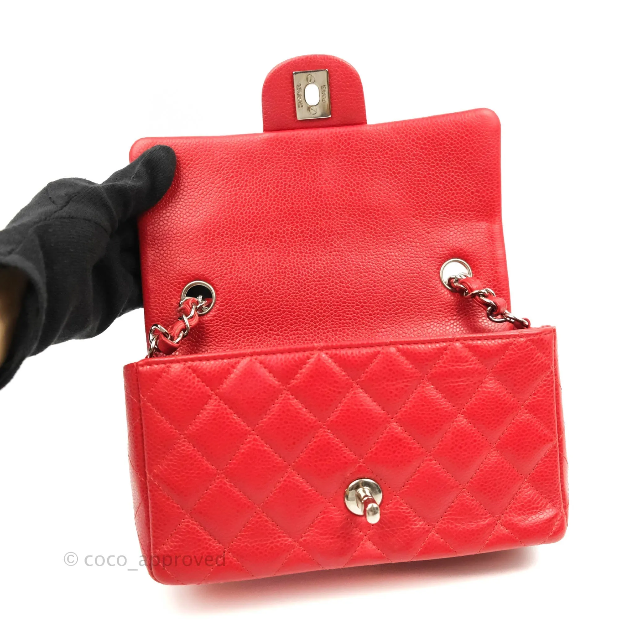 Chanel Quilted Mini Rectangular Flap Red Caviar Silver Hardware