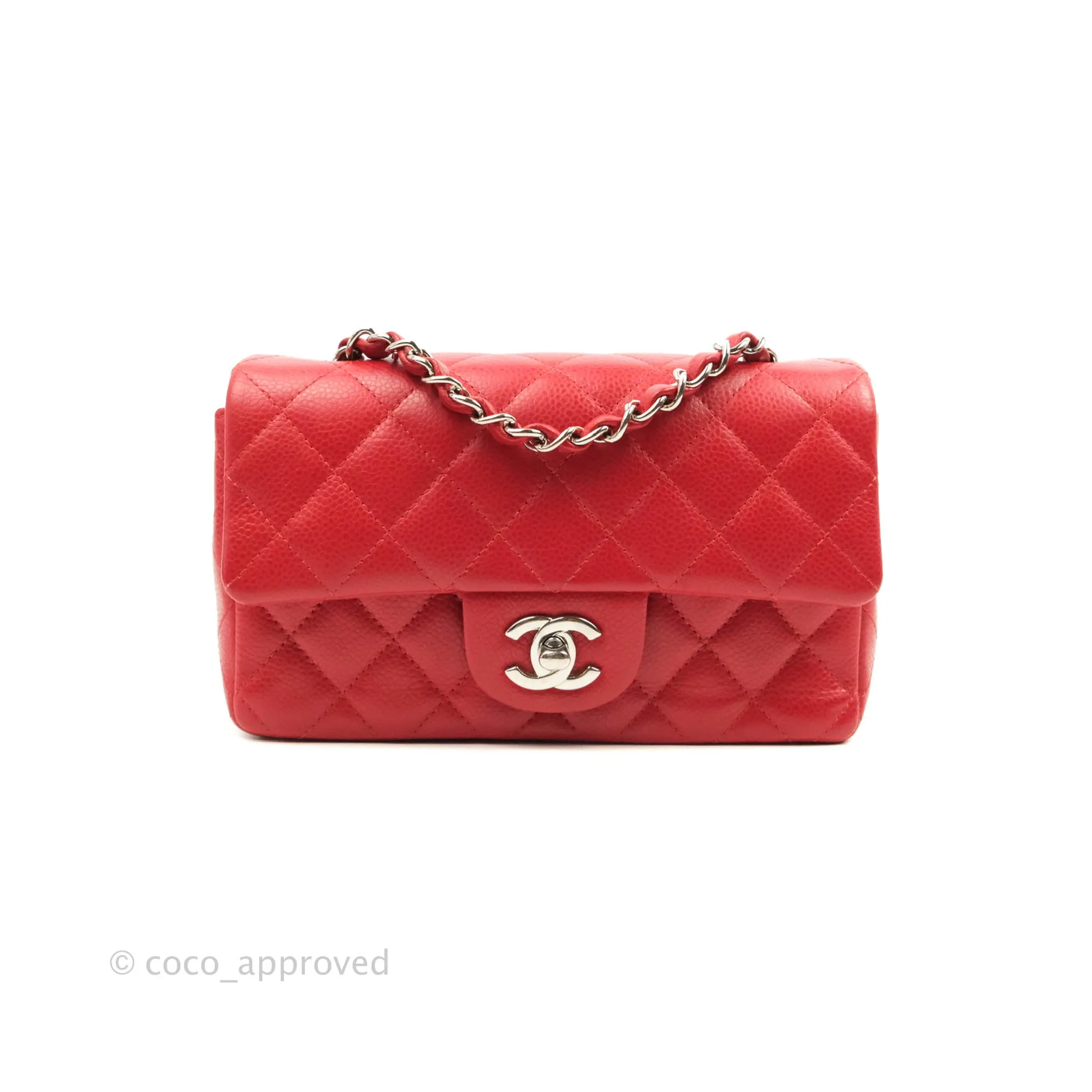 Chanel Quilted Mini Rectangular Flap Red Caviar Silver Hardware