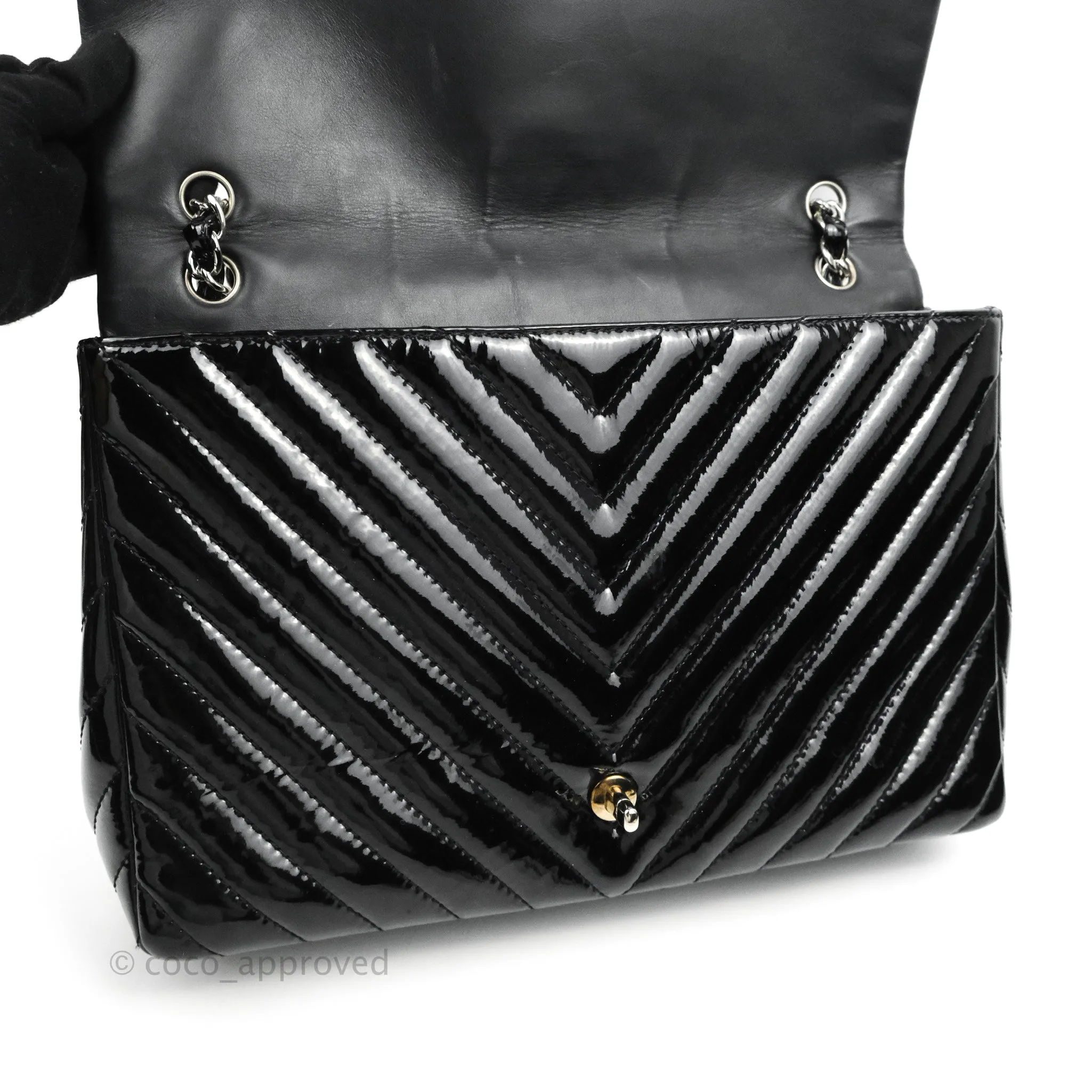 Chanel Single Flap Maxi Chevron Black Patent Silver Hardware