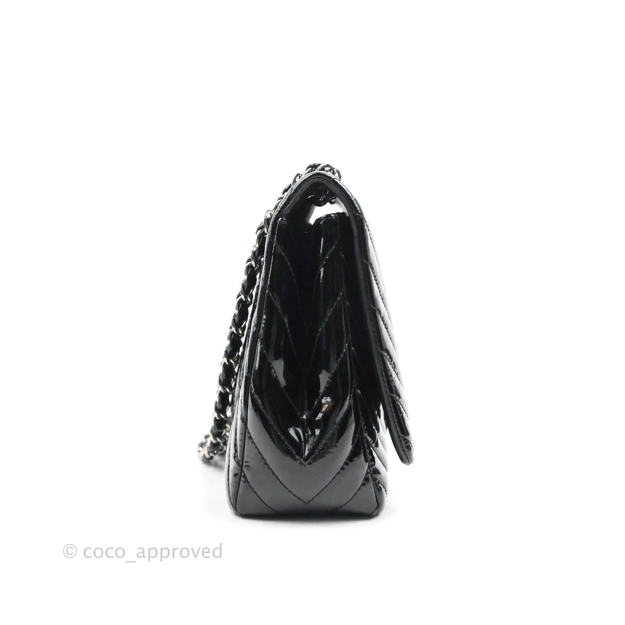 Chanel Single Flap Maxi Chevron Black Patent Silver Hardware