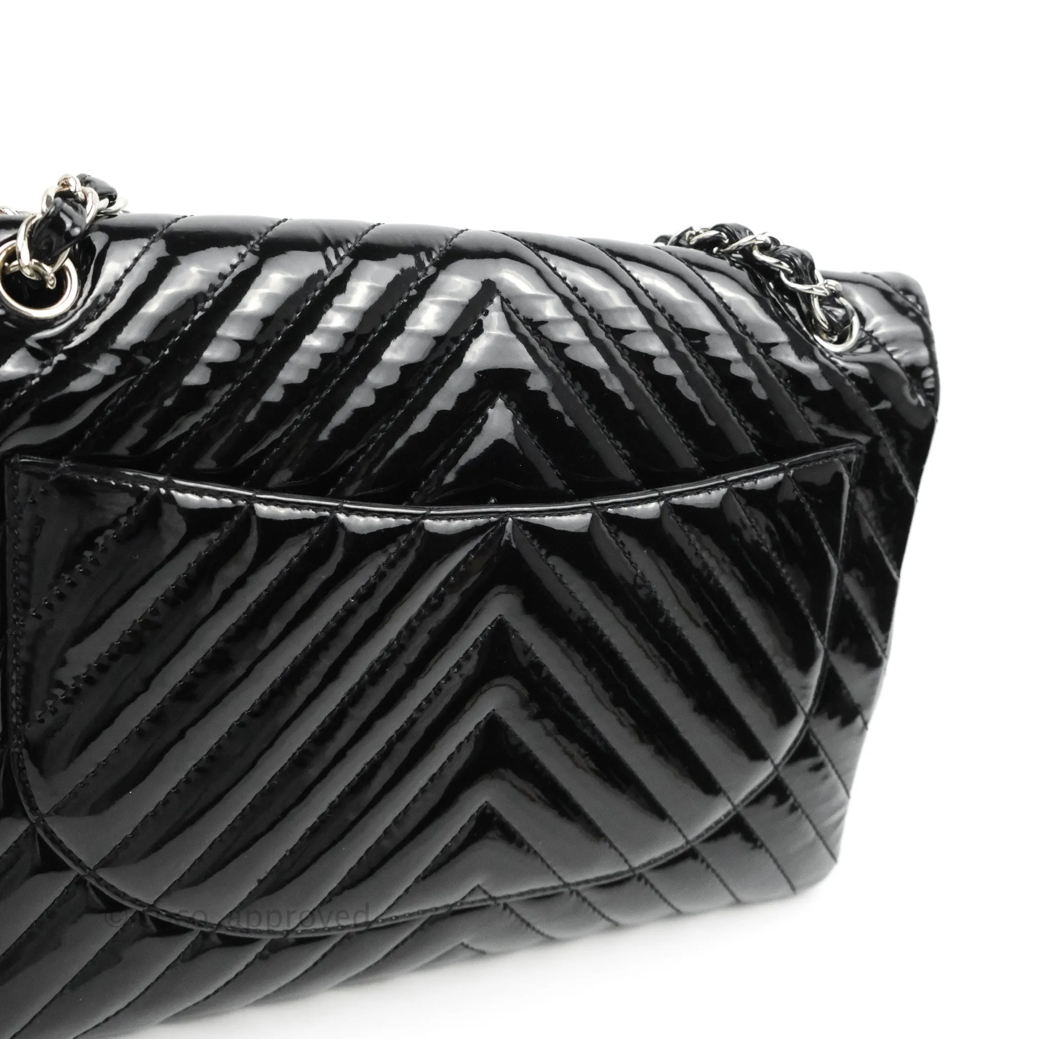 Chanel Single Flap Maxi Chevron Black Patent Silver Hardware