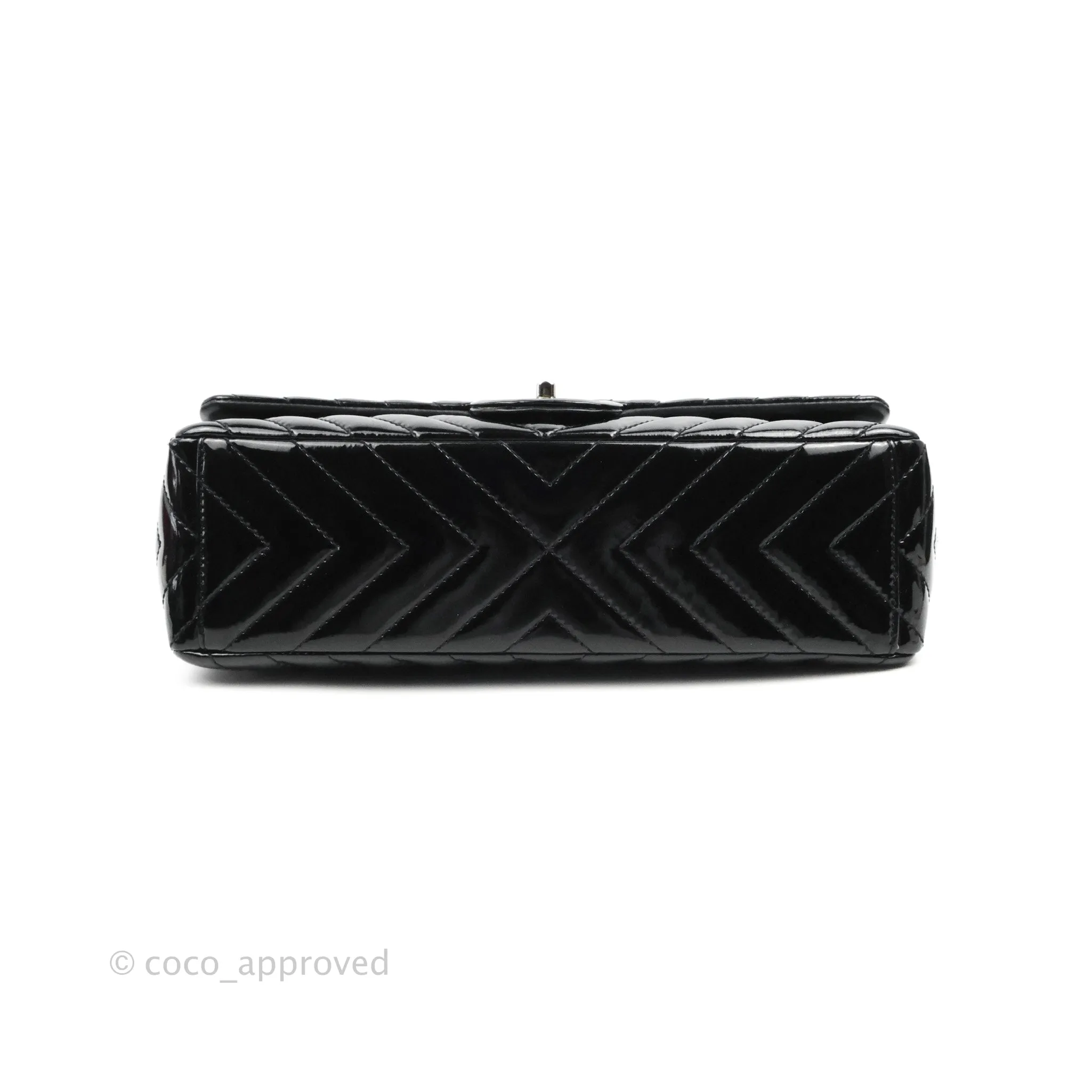 Chanel Single Flap Maxi Chevron Black Patent Silver Hardware