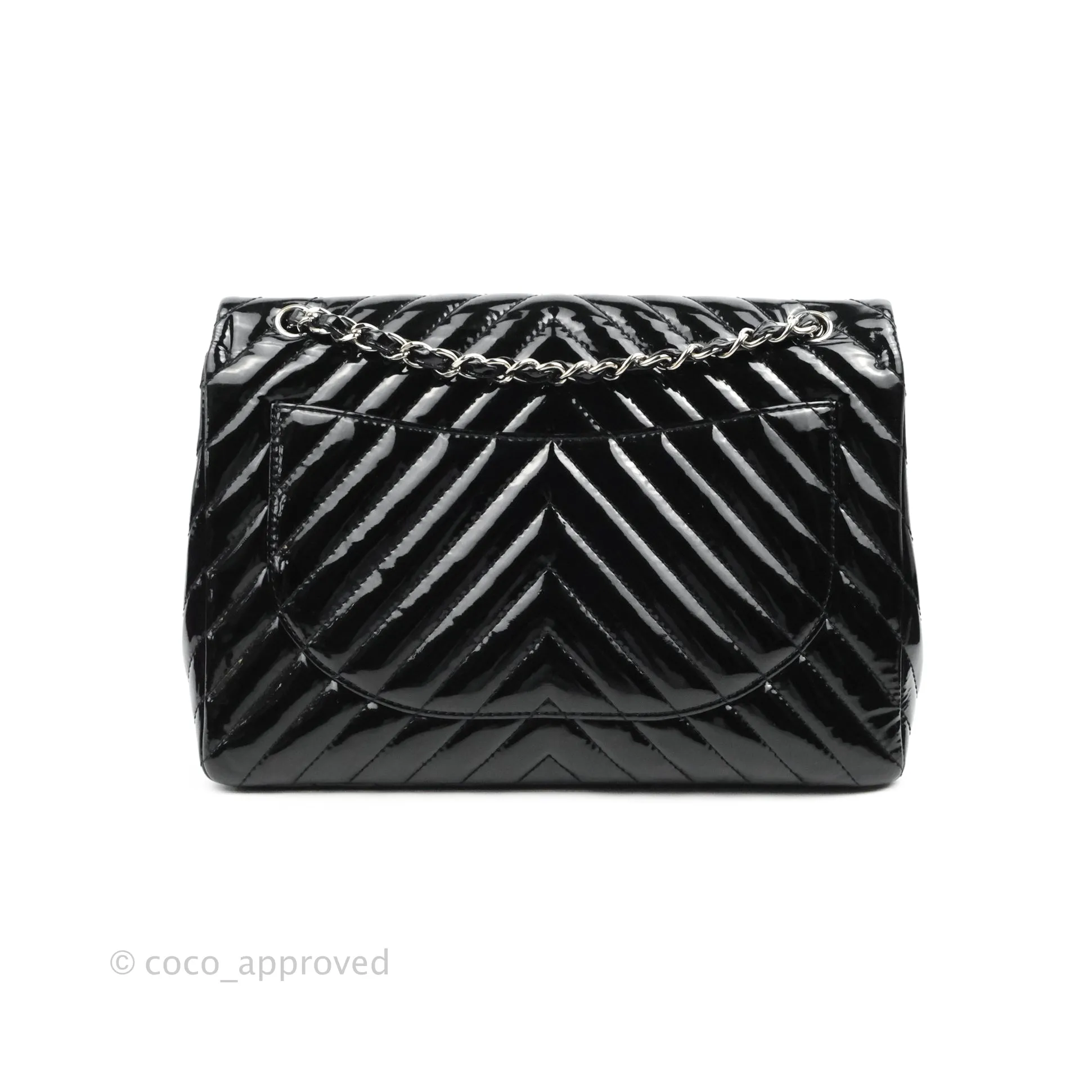 Chanel Single Flap Maxi Chevron Black Patent Silver Hardware