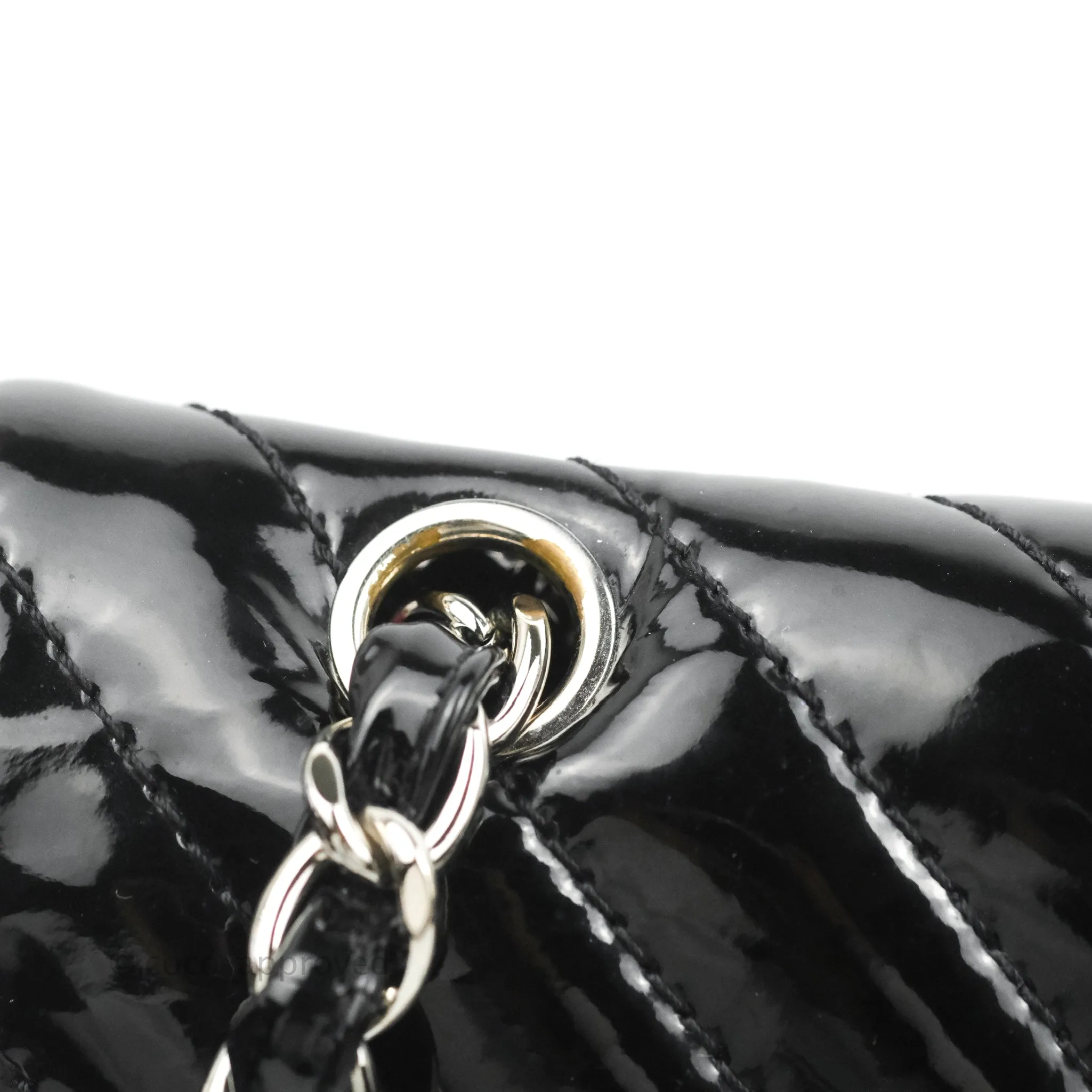 Chanel Single Flap Maxi Chevron Black Patent Silver Hardware