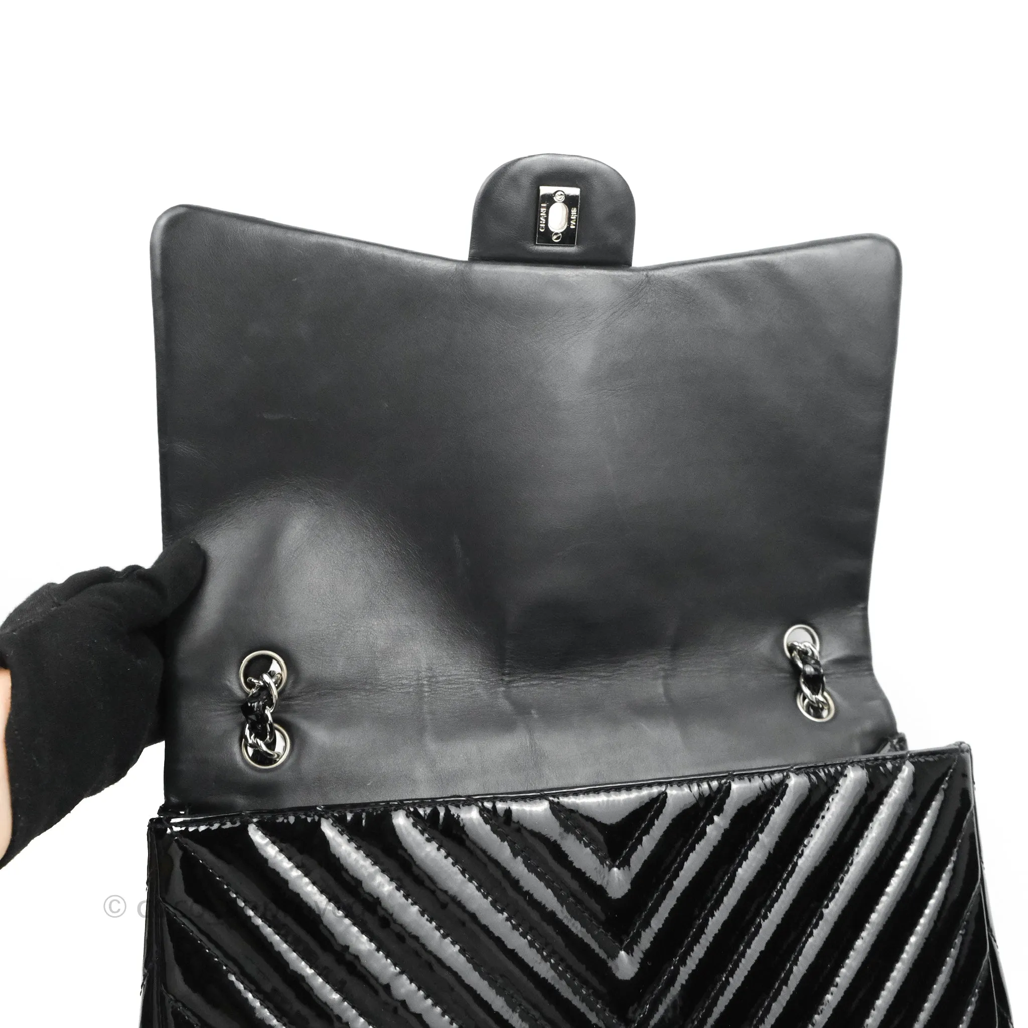 Chanel Single Flap Maxi Chevron Black Patent Silver Hardware