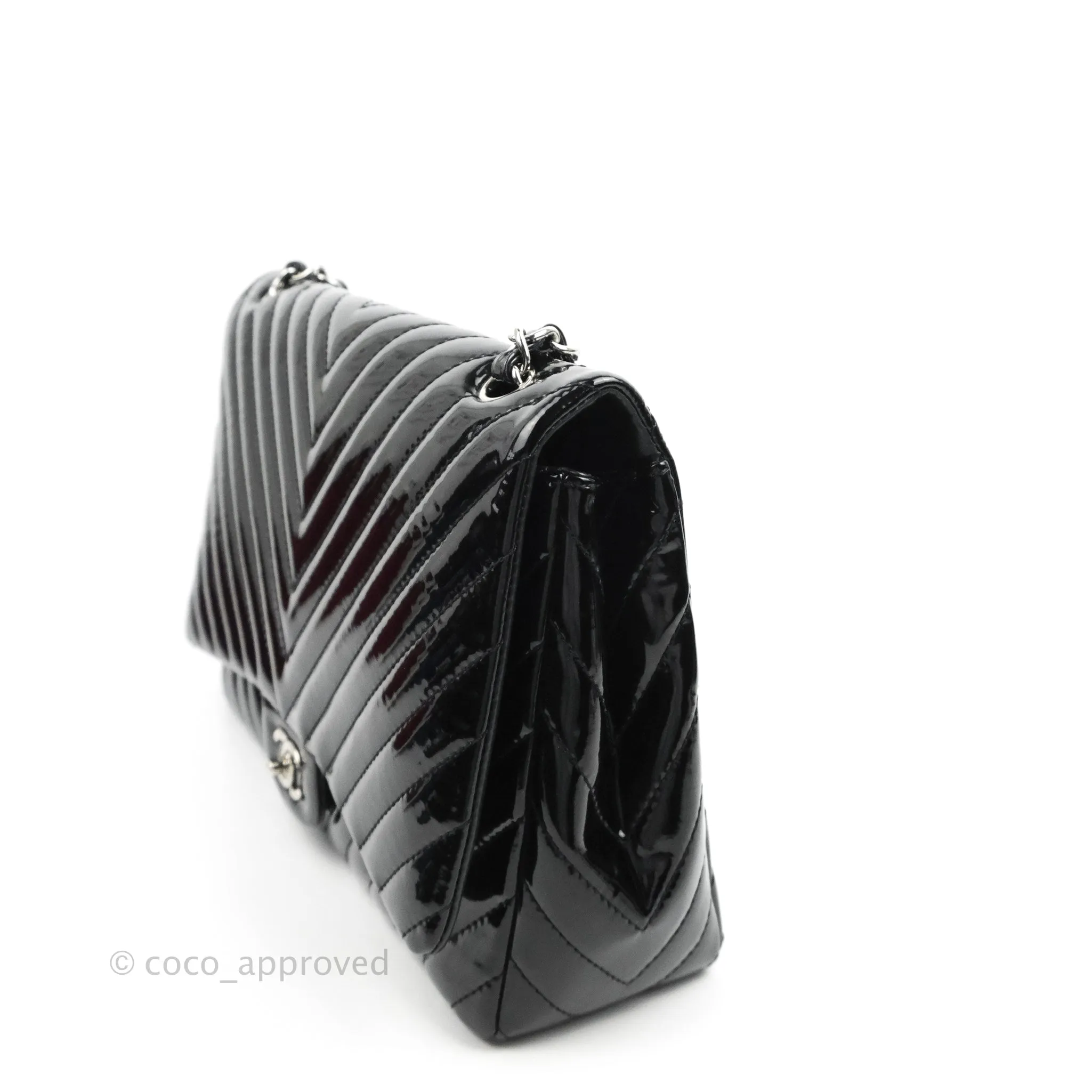 Chanel Single Flap Maxi Chevron Black Patent Silver Hardware