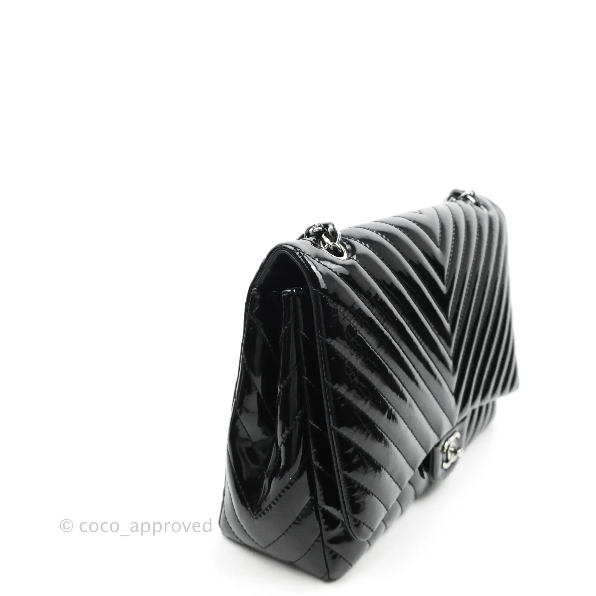 Chanel Single Flap Maxi Chevron Black Patent Silver Hardware