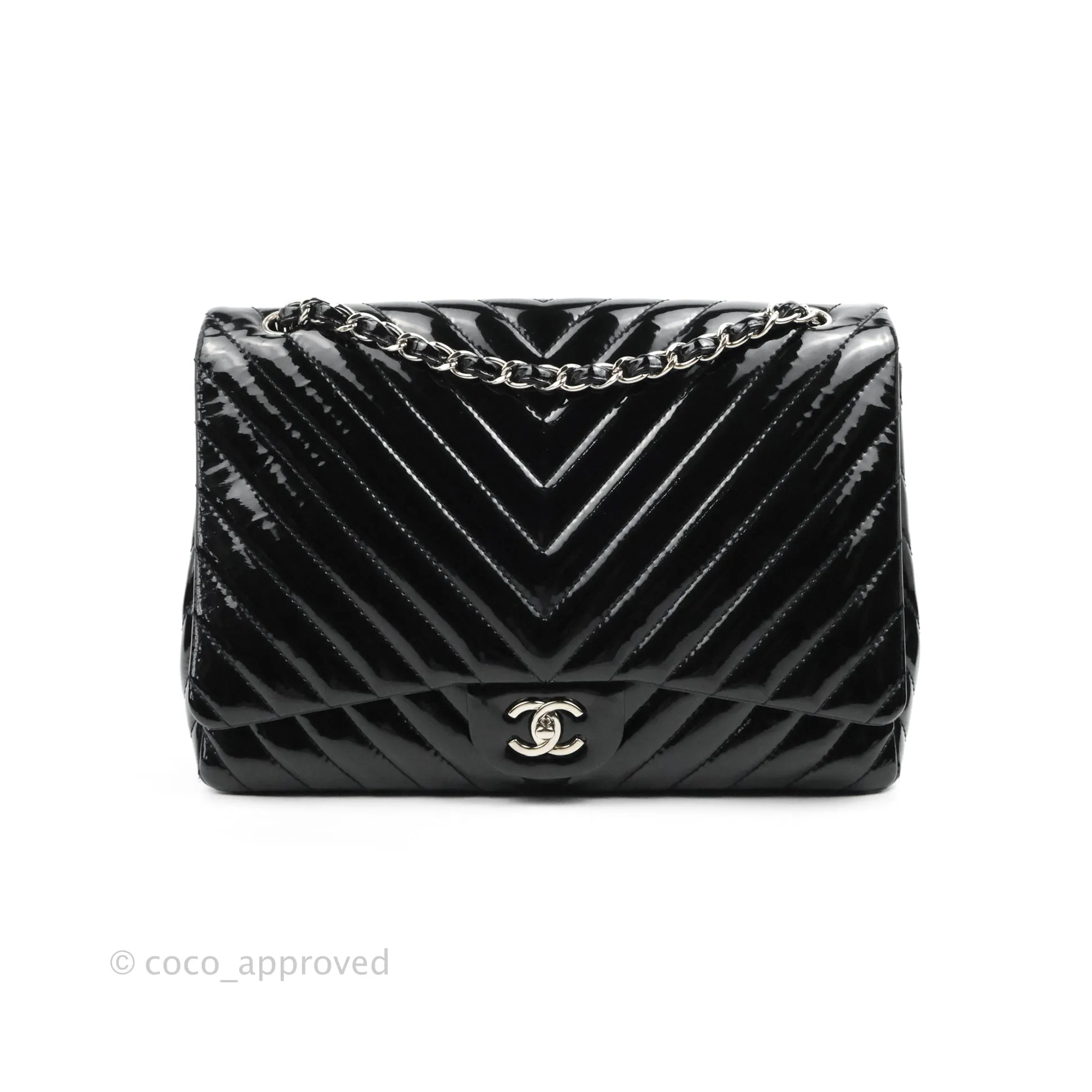 Chanel Single Flap Maxi Chevron Black Patent Silver Hardware