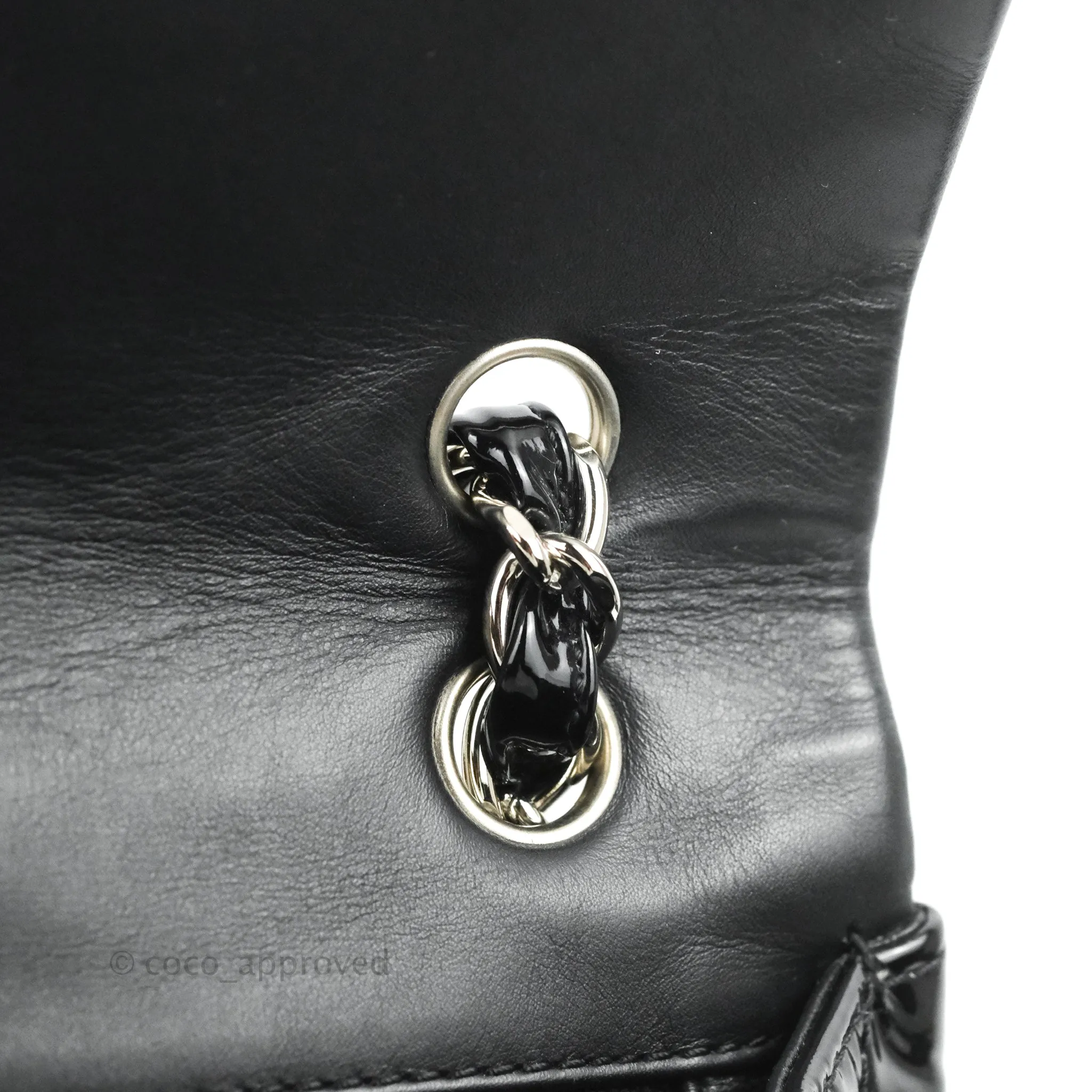 Chanel Single Flap Maxi Chevron Black Patent Silver Hardware
