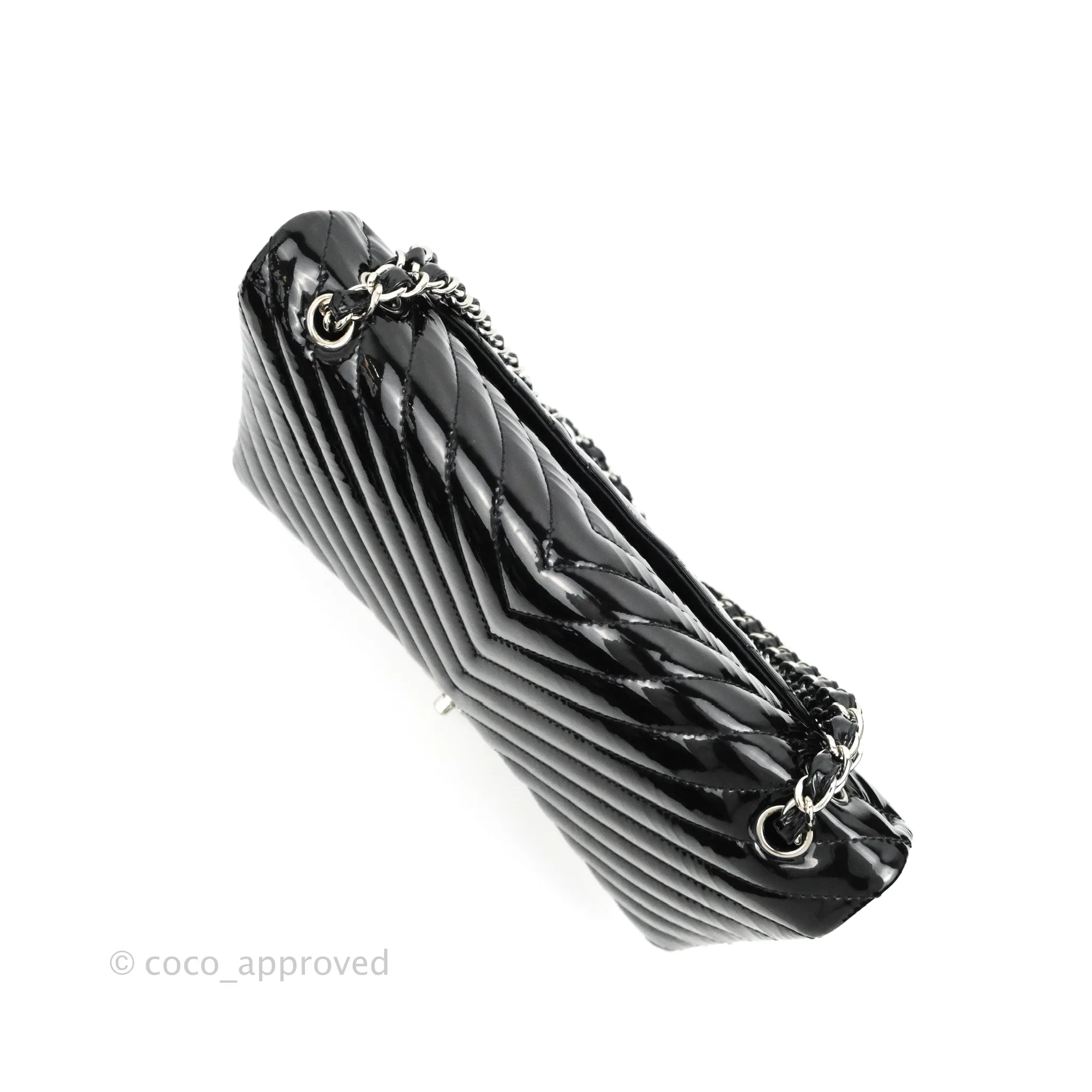 Chanel Single Flap Maxi Chevron Black Patent Silver Hardware