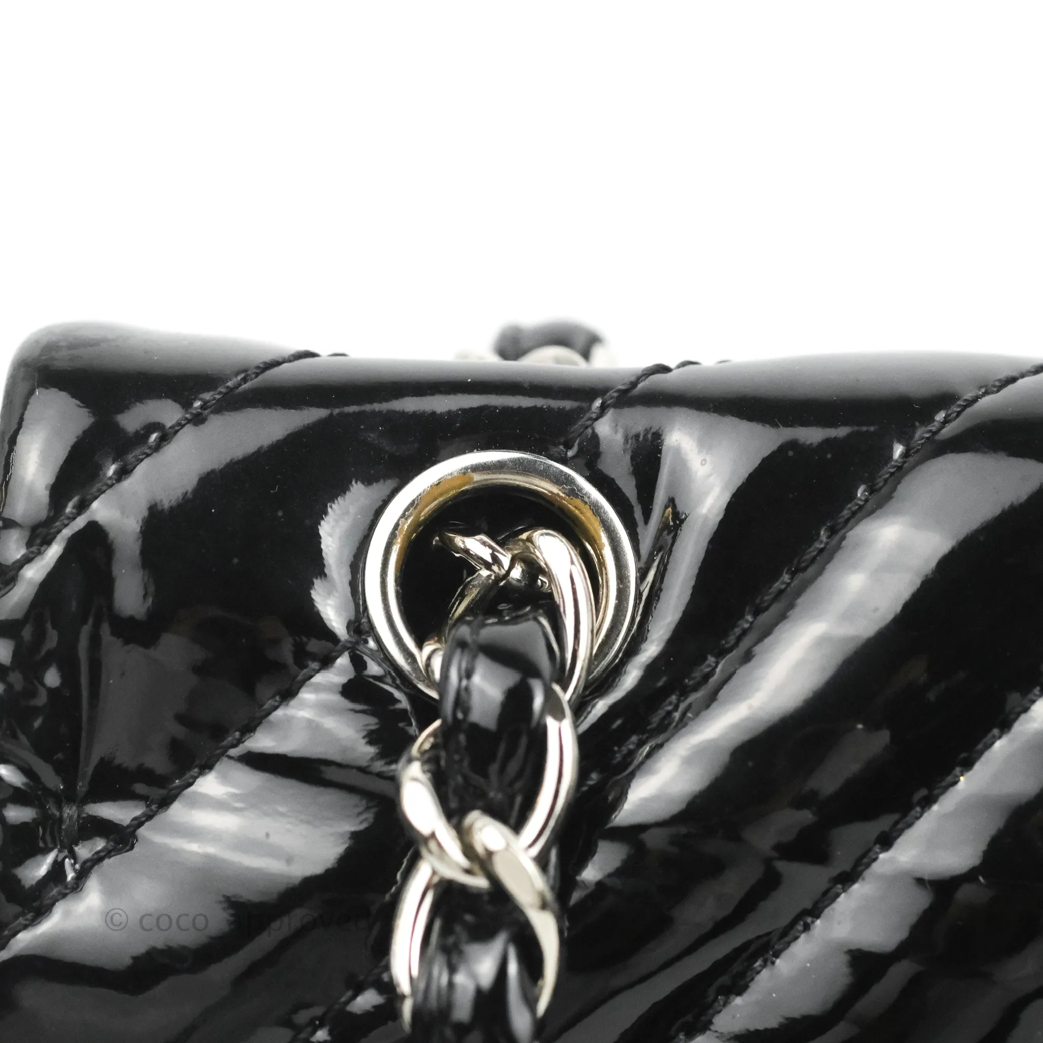 Chanel Single Flap Maxi Chevron Black Patent Silver Hardware
