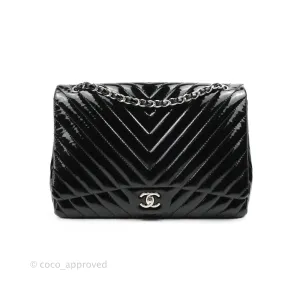 Chanel Single Flap Maxi Chevron Black Patent Silver Hardware