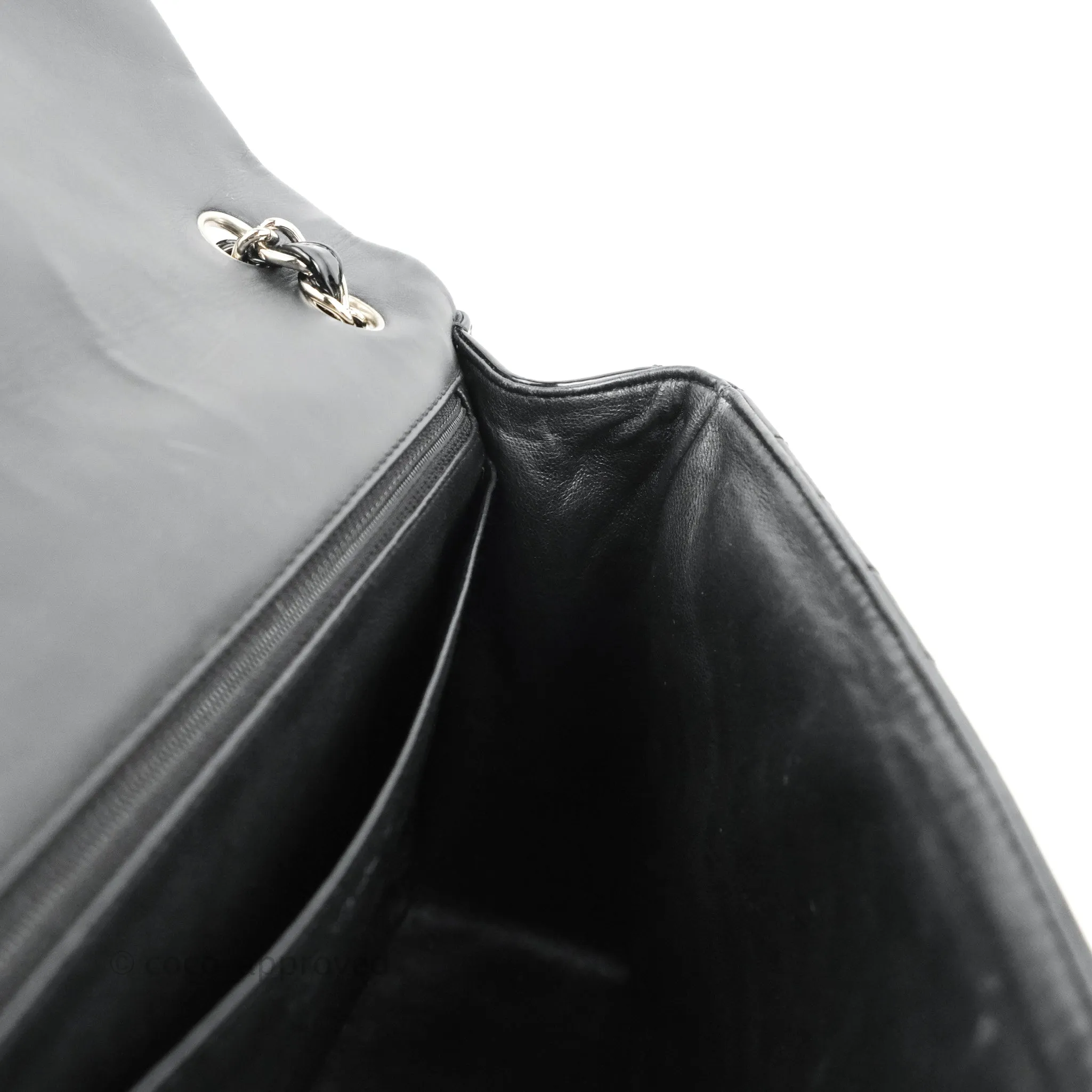 Chanel Single Flap Maxi Chevron Black Patent Silver Hardware