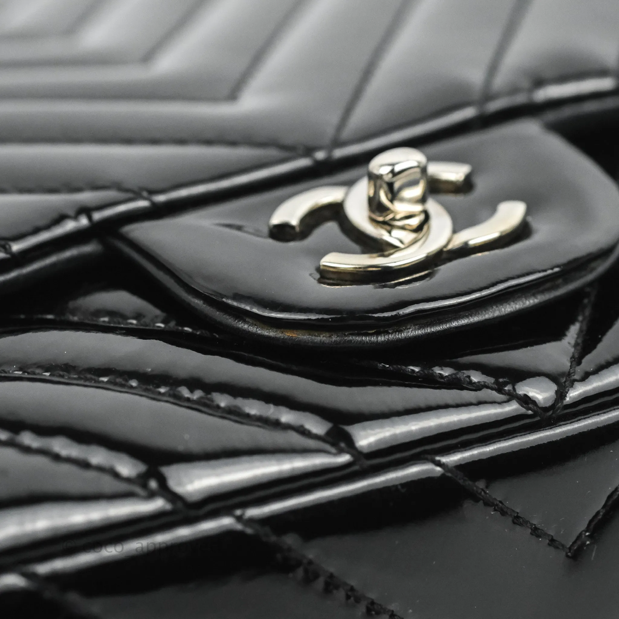 Chanel Single Flap Maxi Chevron Black Patent Silver Hardware