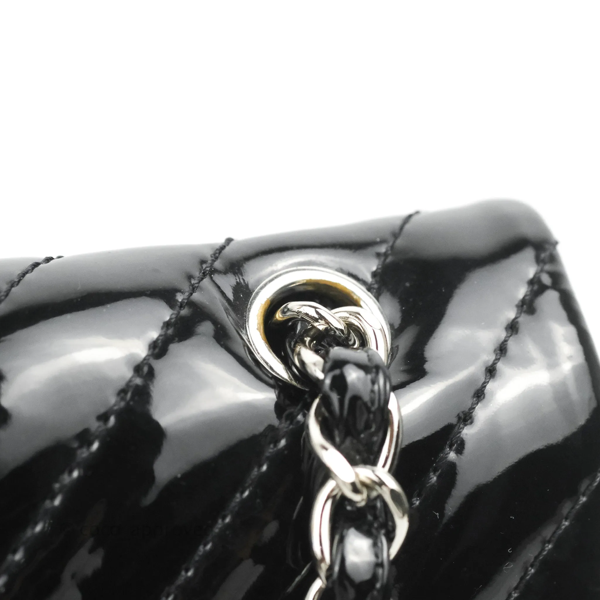 Chanel Single Flap Maxi Chevron Black Patent Silver Hardware