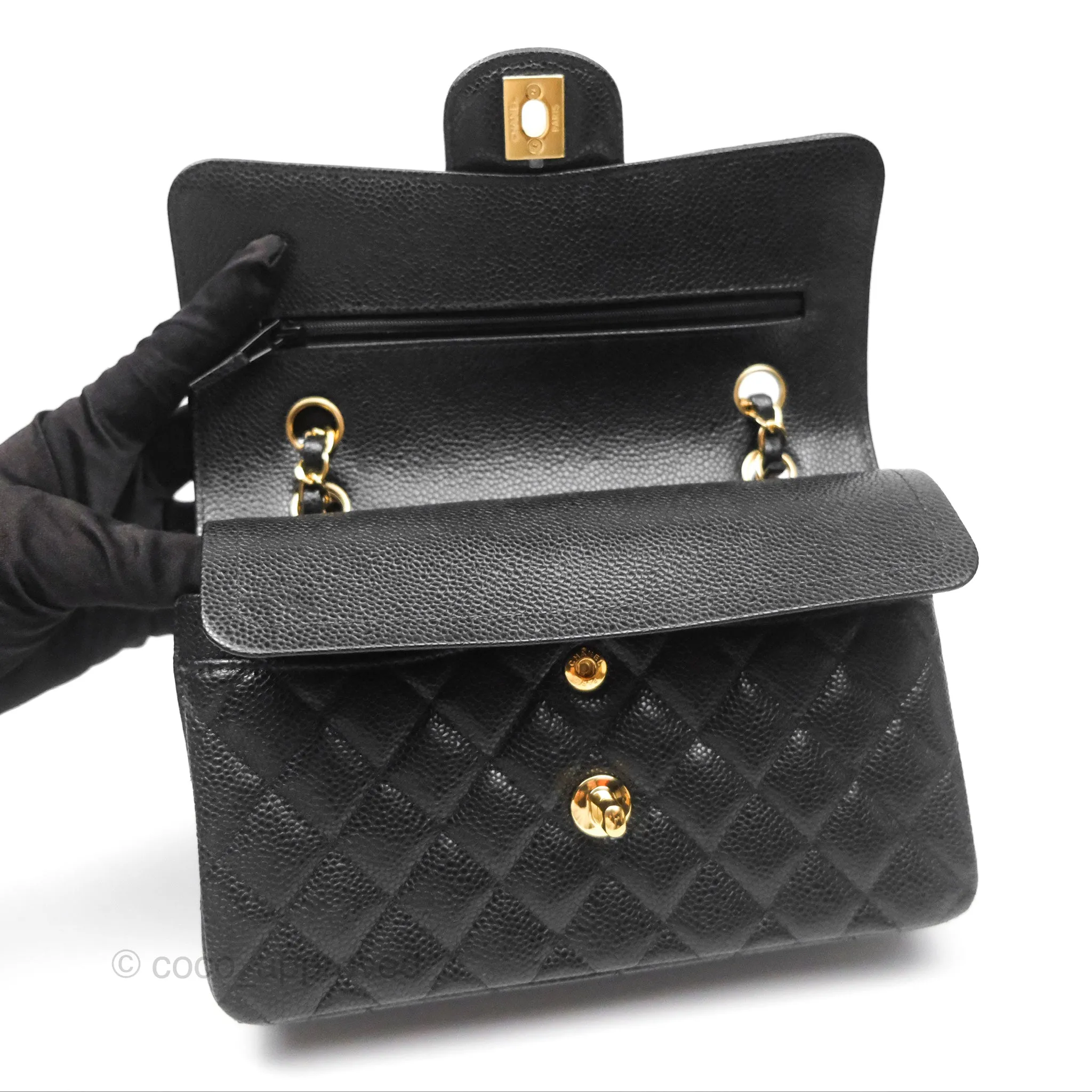 Chanel Small Classic Flap Quilted Black Caviar Gold Hardware