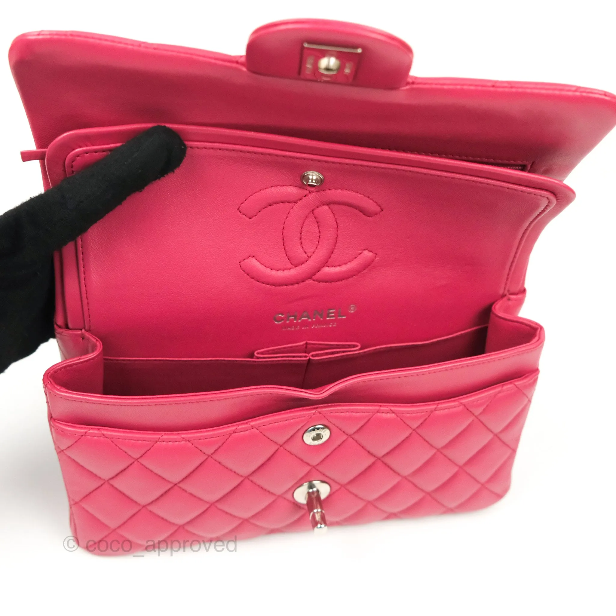 Chanel Small Classic Flap Quilted Dark Rosy Pink Lambskin Silver Hardware