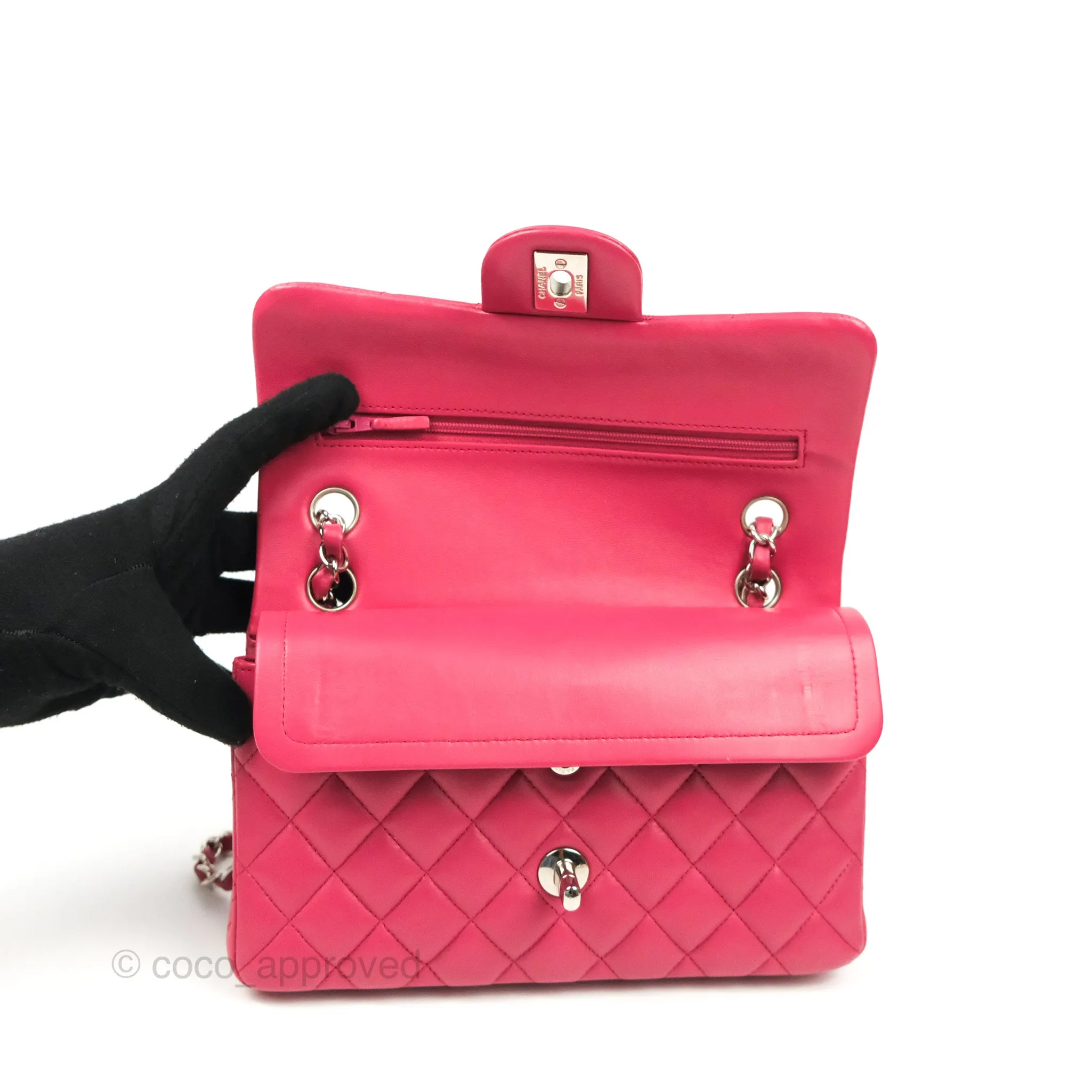 Chanel Small Classic Flap Quilted Dark Rosy Pink Lambskin Silver Hardware
