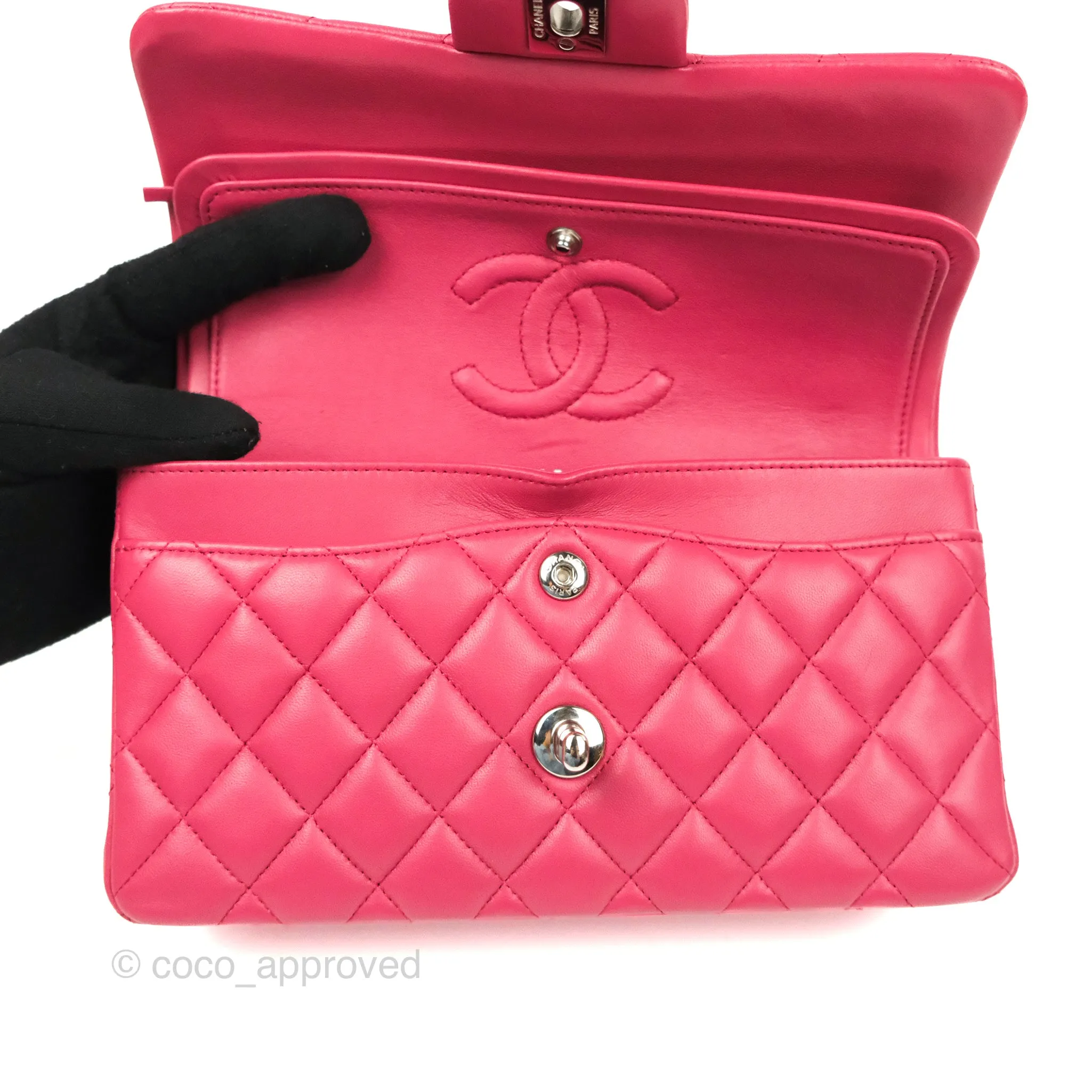 Chanel Small Classic Flap Quilted Dark Rosy Pink Lambskin Silver Hardware