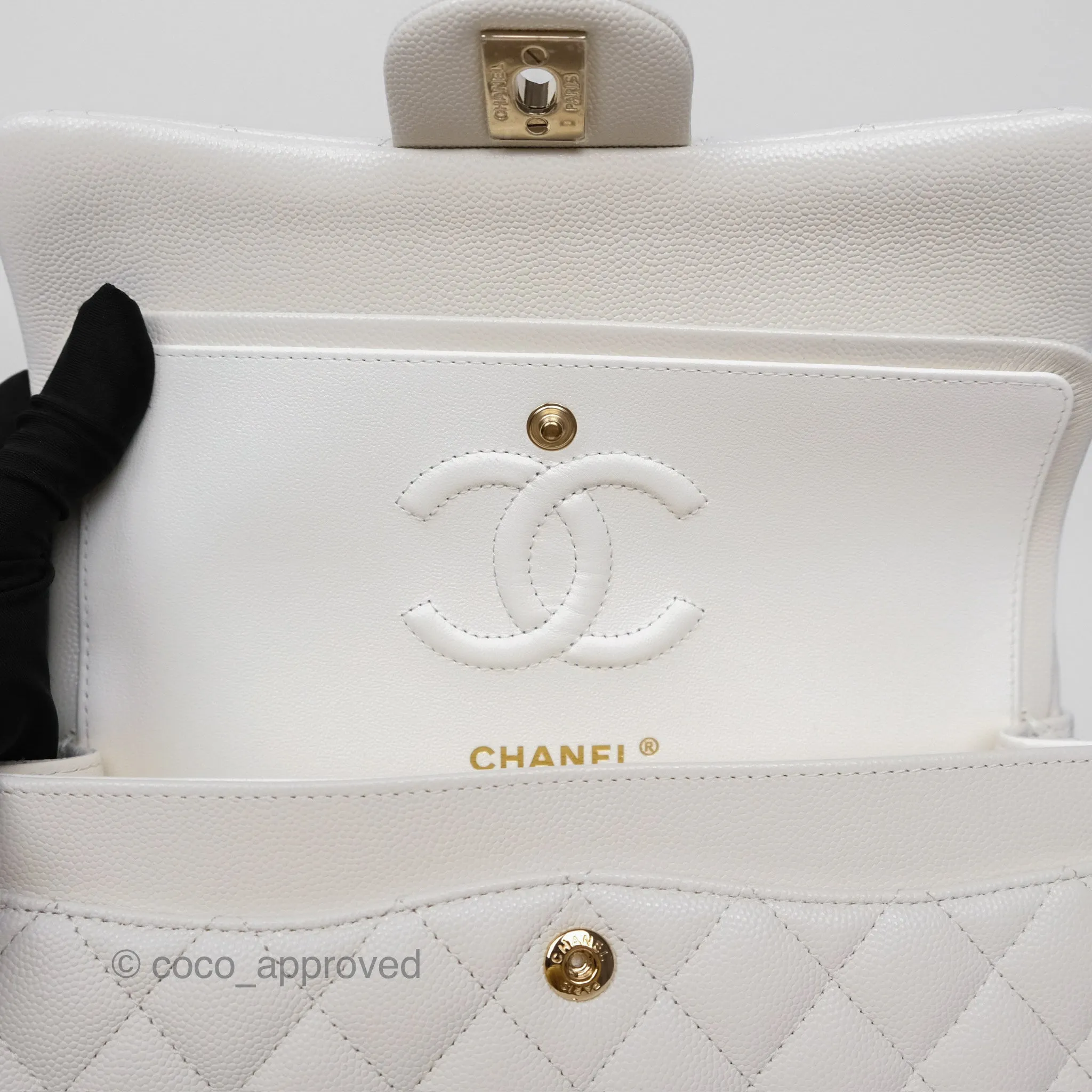 Chanel Small Classic Flap Quilted Ivory White Caviar Gold Hardware
