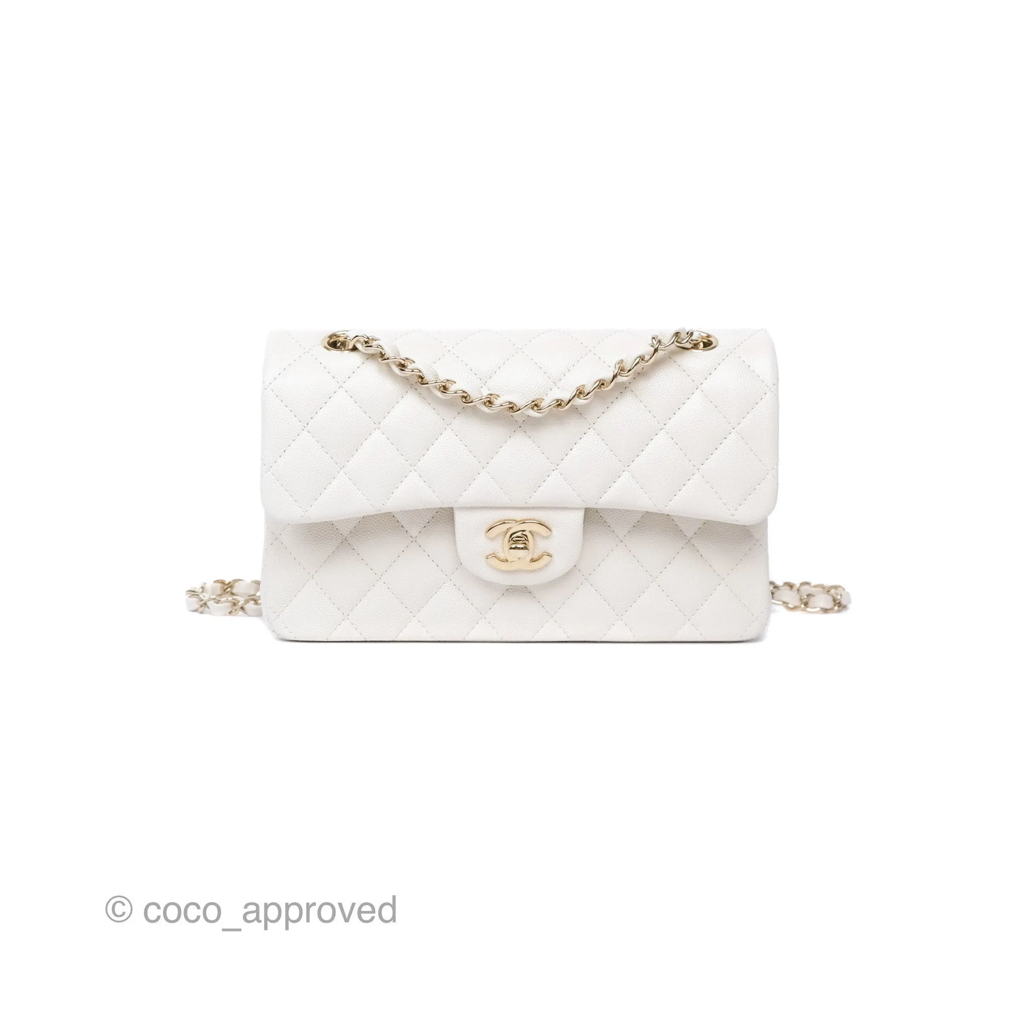 Chanel Small Classic Flap Quilted Ivory White Caviar Gold Hardware