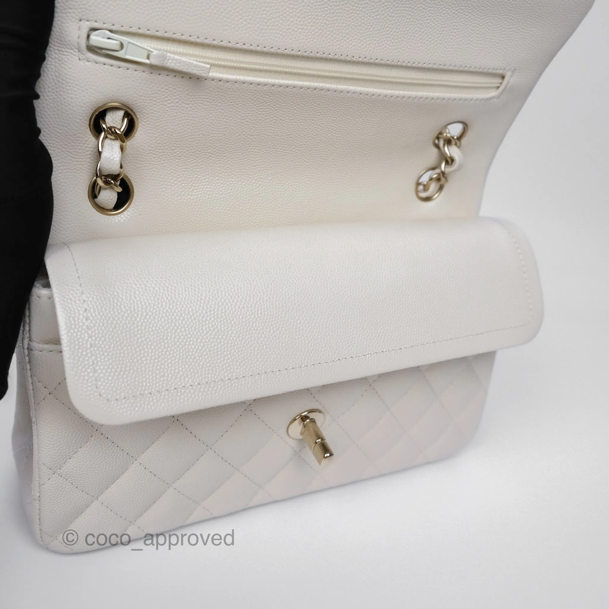 Chanel Small Classic Flap Quilted Ivory White Caviar Gold Hardware