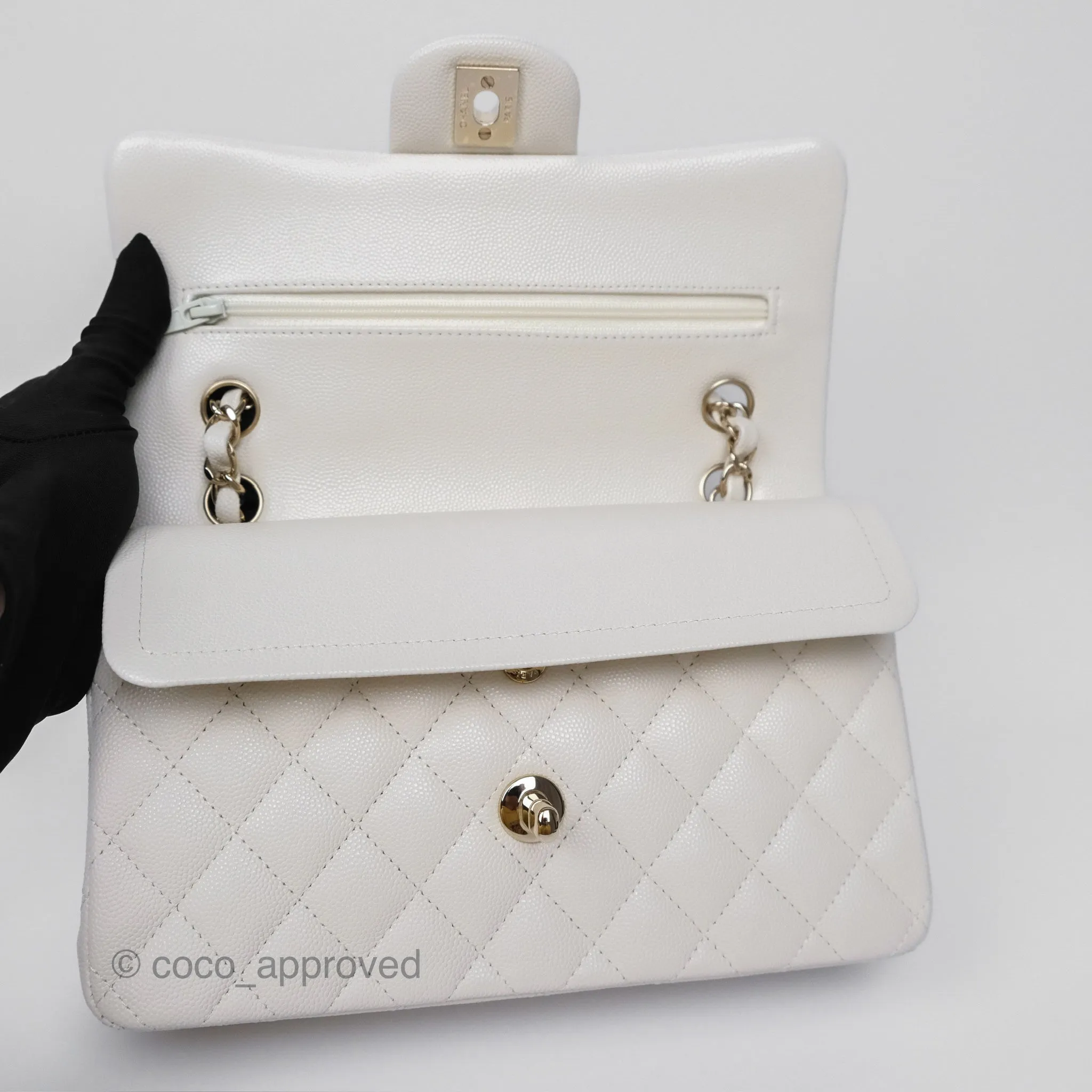 Chanel Small Classic Flap Quilted Ivory White Caviar Gold Hardware