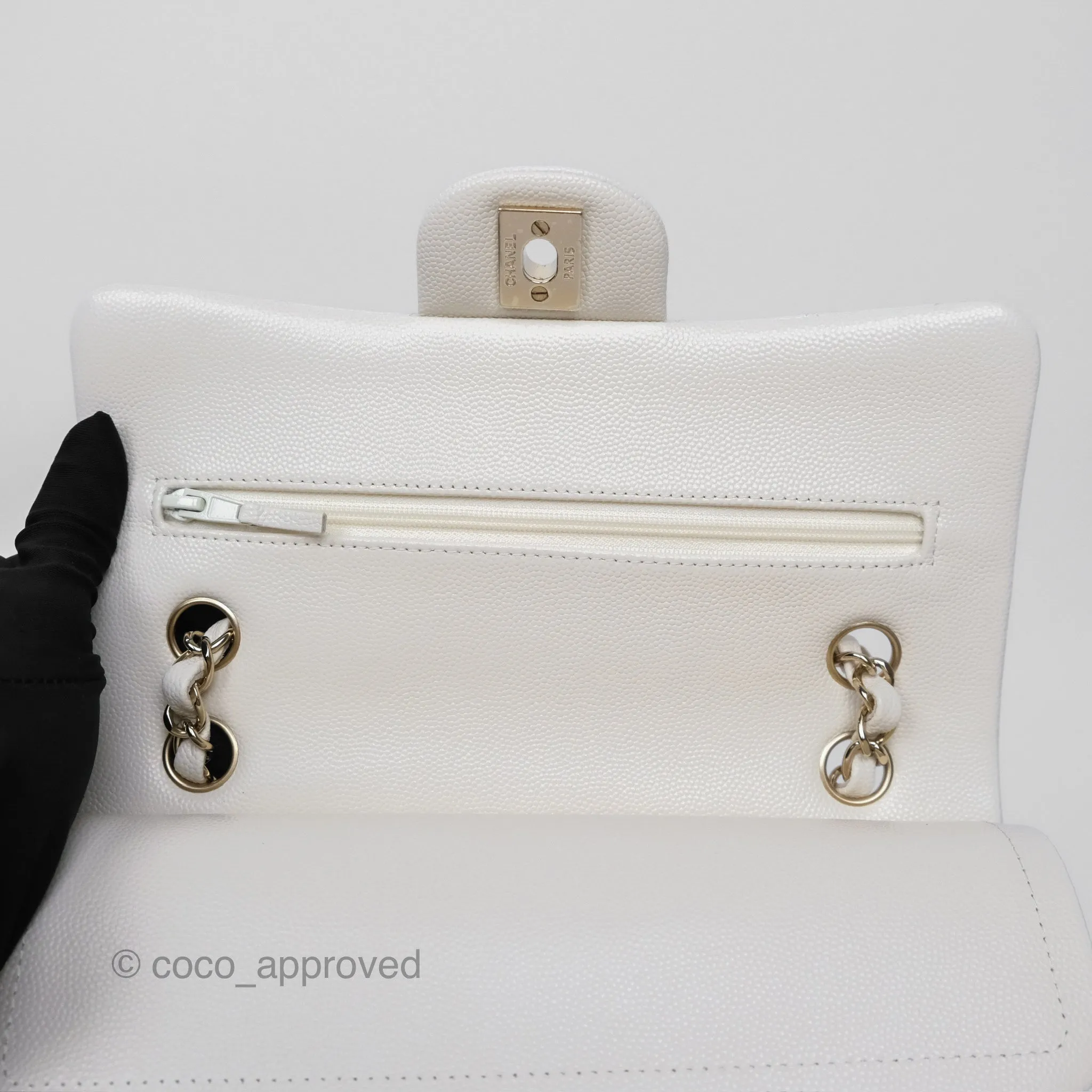 Chanel Small Classic Flap Quilted Ivory White Caviar Gold Hardware